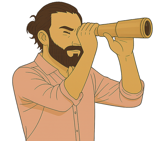 Guille mirando el horizonte a través de un catalejo