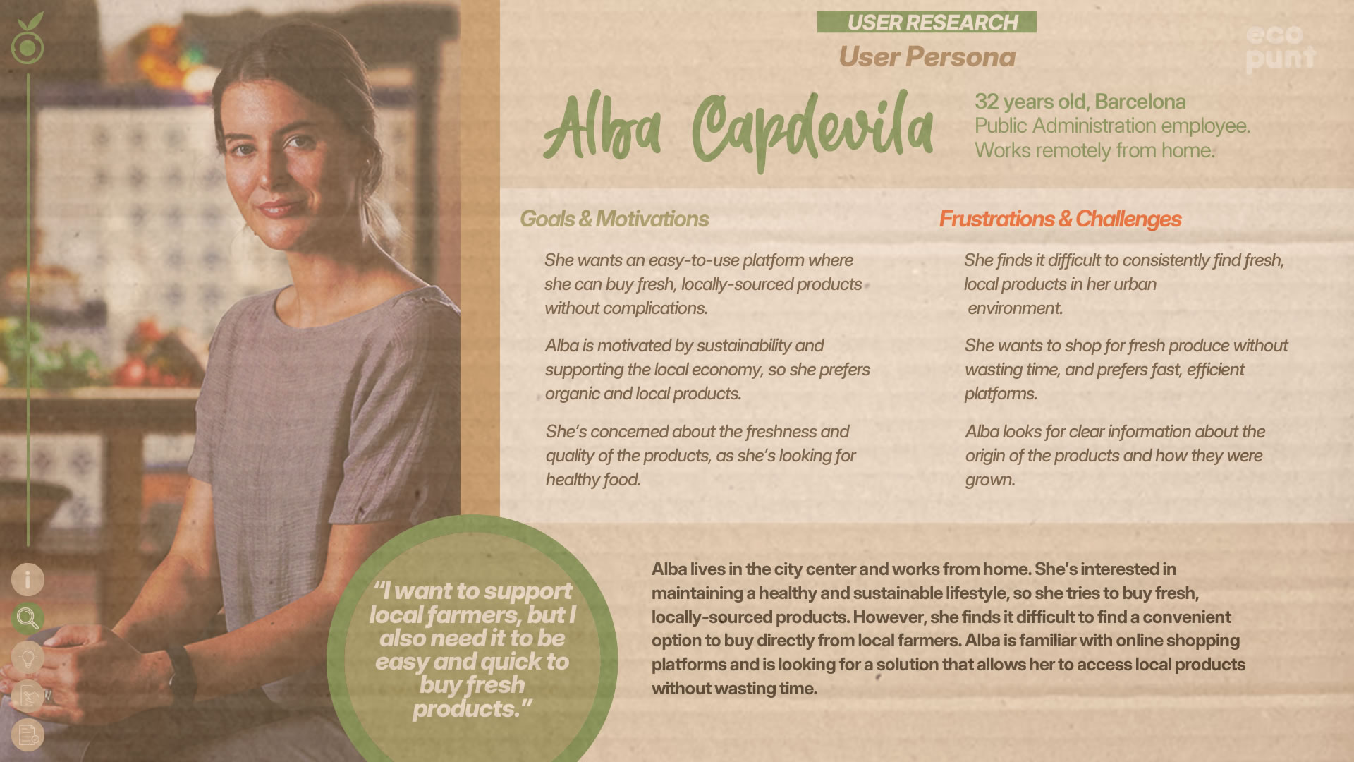 Persona profile for Alba Capdevila, a frequent buyer of local organic products. She is 32 years old. The image shows a calm-looking woman in pastel clothing seated in a kitchen. Includes goals and motivations.