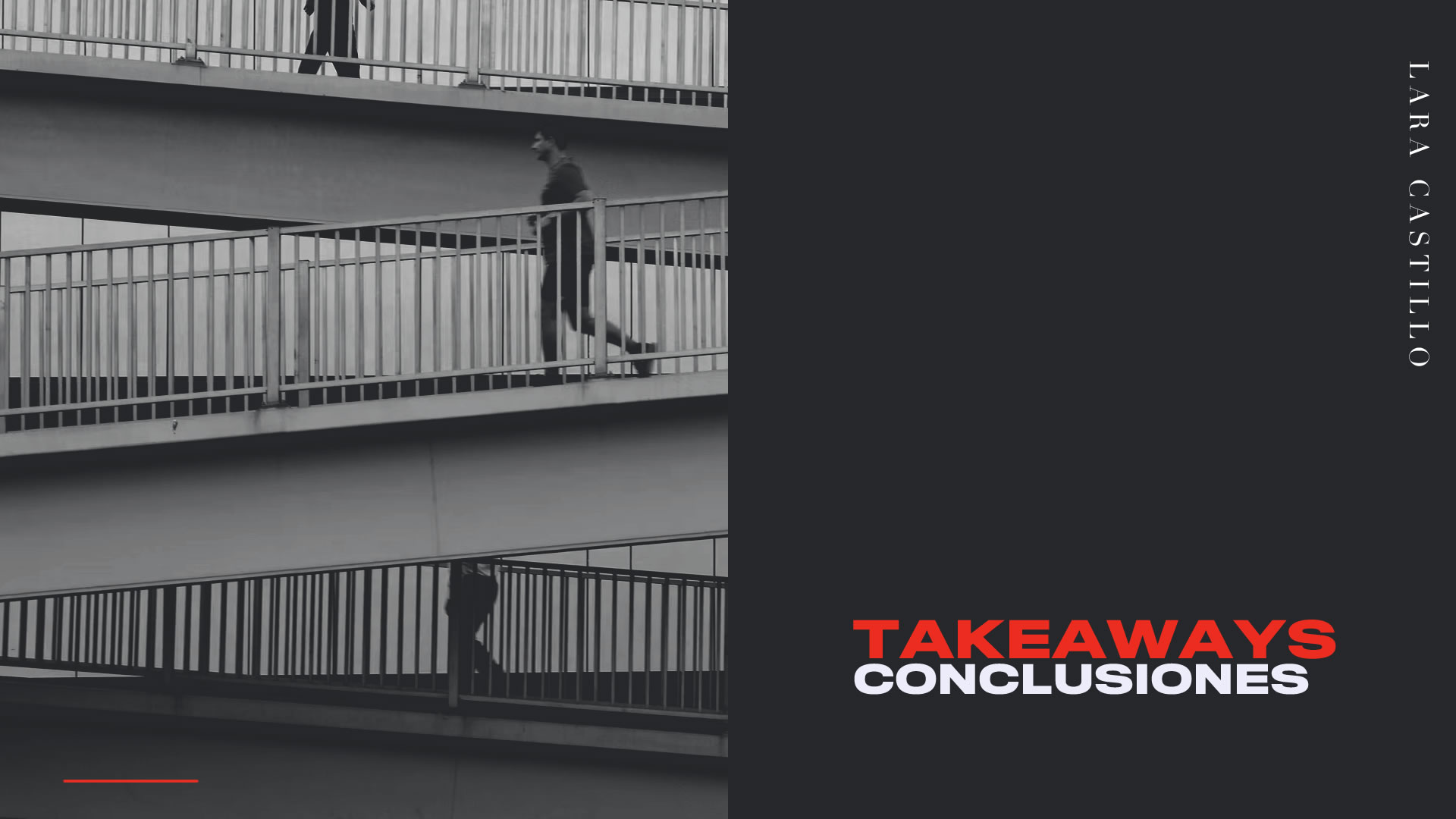 A three-level ramp with people walking up and down. On the left column, red and white text over a dark background reads: 'Takeaways, conclusions'.