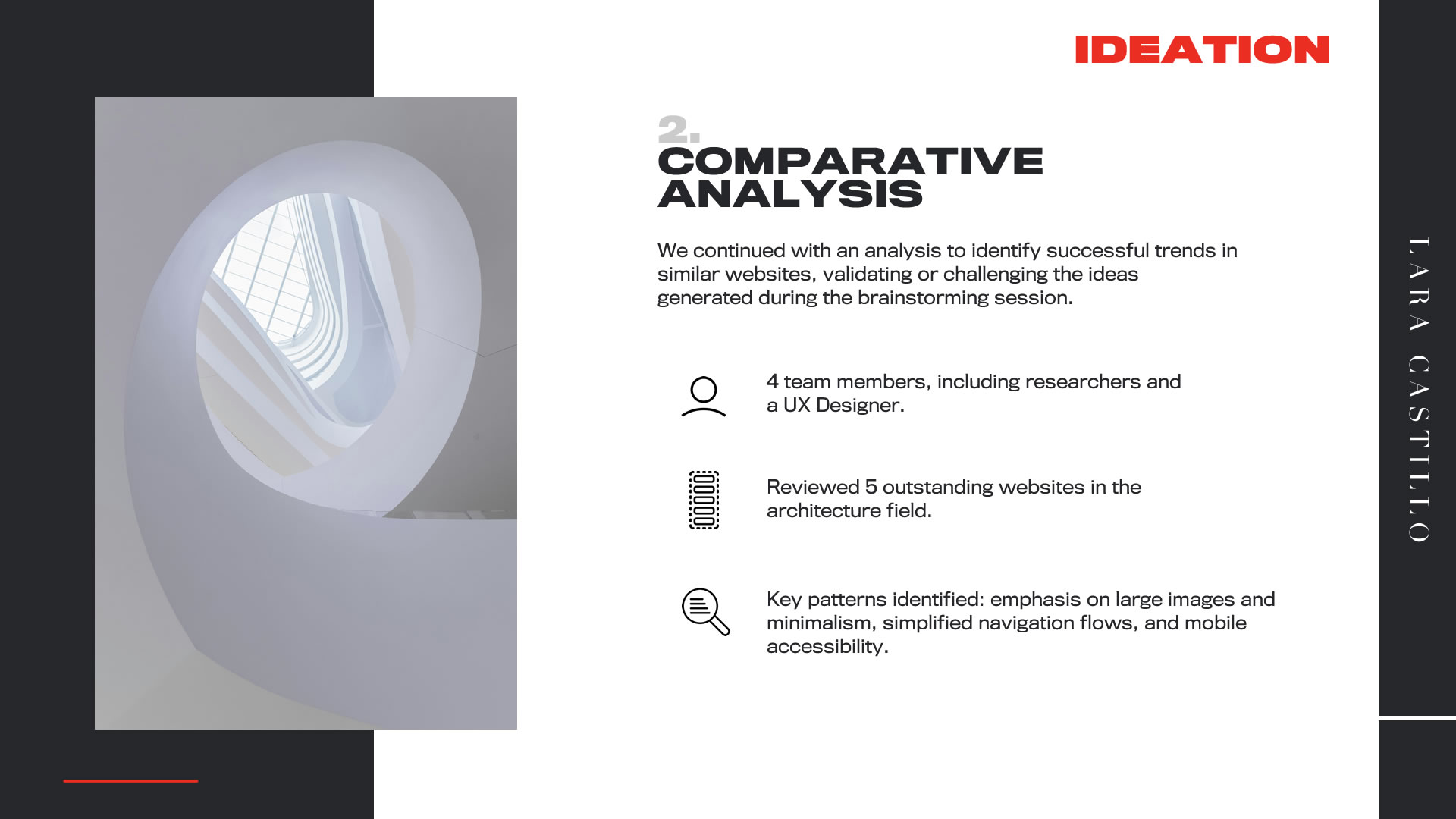 Infographic on ideation sessions. This slide: Comparative Analysis. It outlines team members, process, and result: identification of key patterns, navigation flows, and accessibility elements.