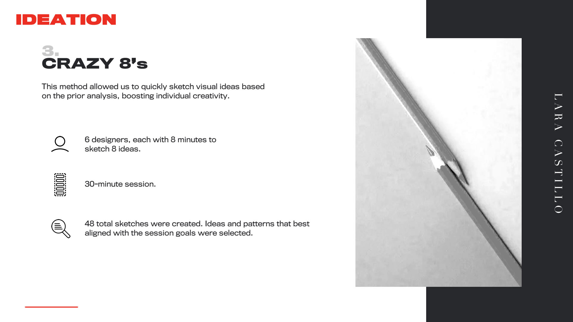 Infographic on ideation sessions. This slide: Crazy 8s. It shows the number of participating designers, session details, and outcomes.