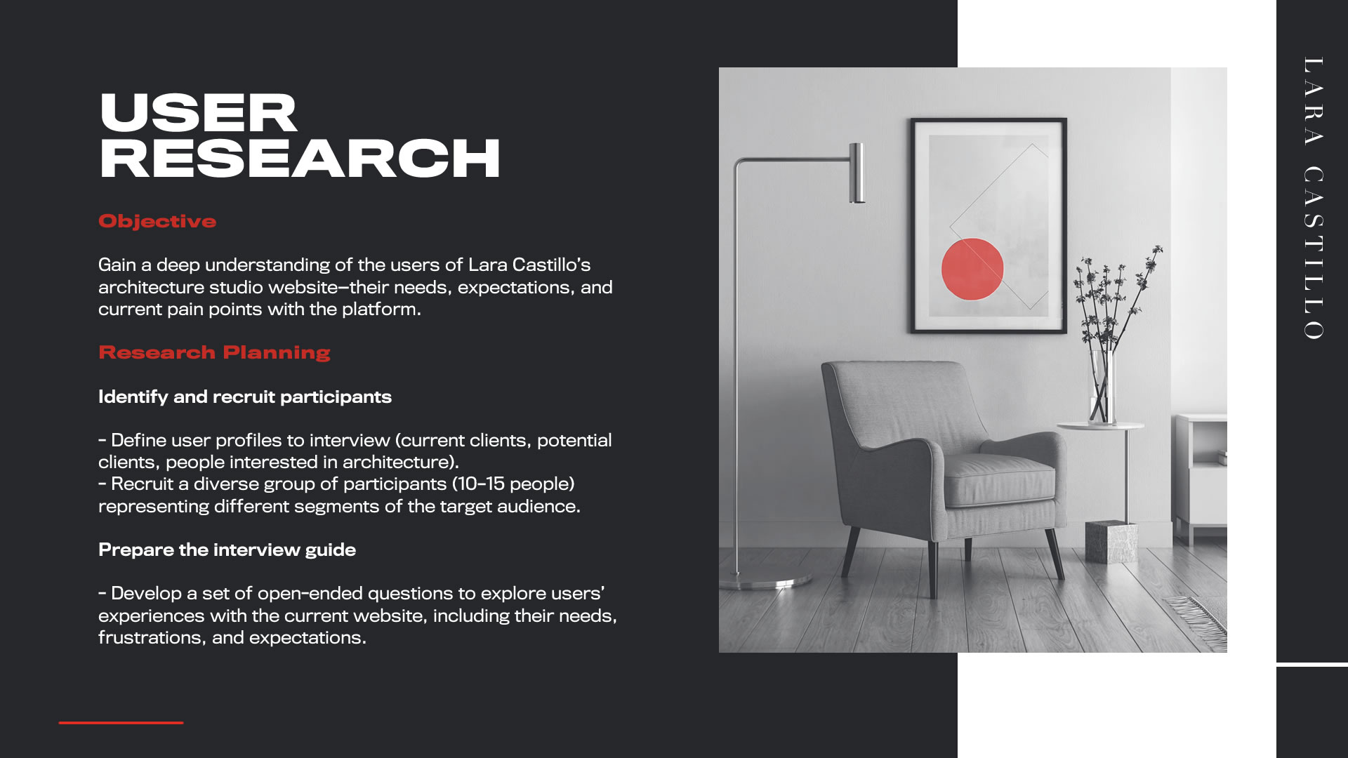 Infographic on User Research. On the left column, the goals and planning of the research are listed. On the right, there's a black-and-white photo of an armchair, and above it, an artistic painting with a red circle.