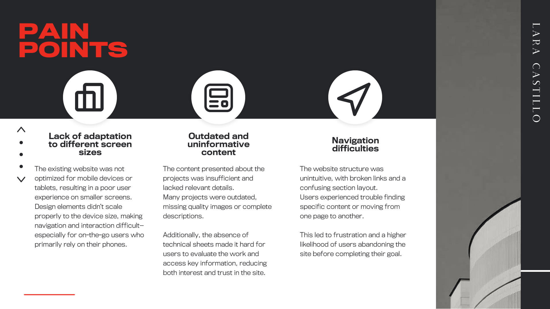 Infografía sobre los 'Pain Points'. Hay tres columnas con un ícono cada una: la primera es Falta de adaptación a diferentes pantallas, la segunda contenido desactualizado y poco informativo y la tercera, dificultades con la navegación.