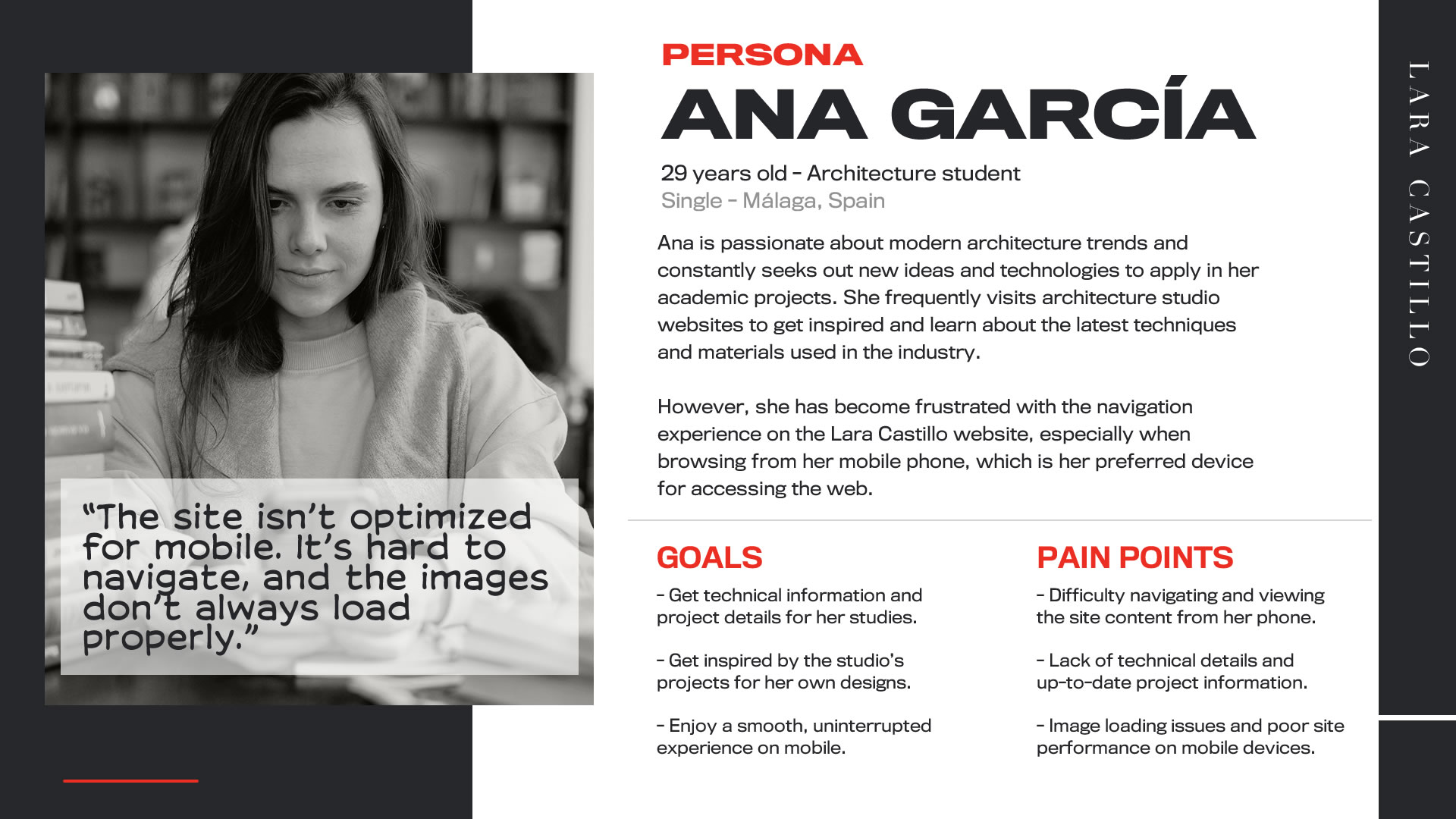 User Persona. Ana tiene 29 años y es estudiante de arquitectura. Está soltera y vive en Málaga. Se detalla su perfil, sus objetivos y frustraciones.