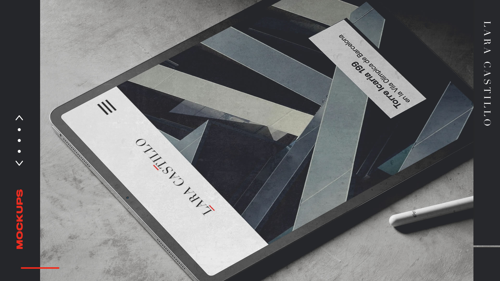 Final mockups. An upside-down iPad rests on a concrete floor. The screen shows the website's homepage perfectly adapted to the tablet format.