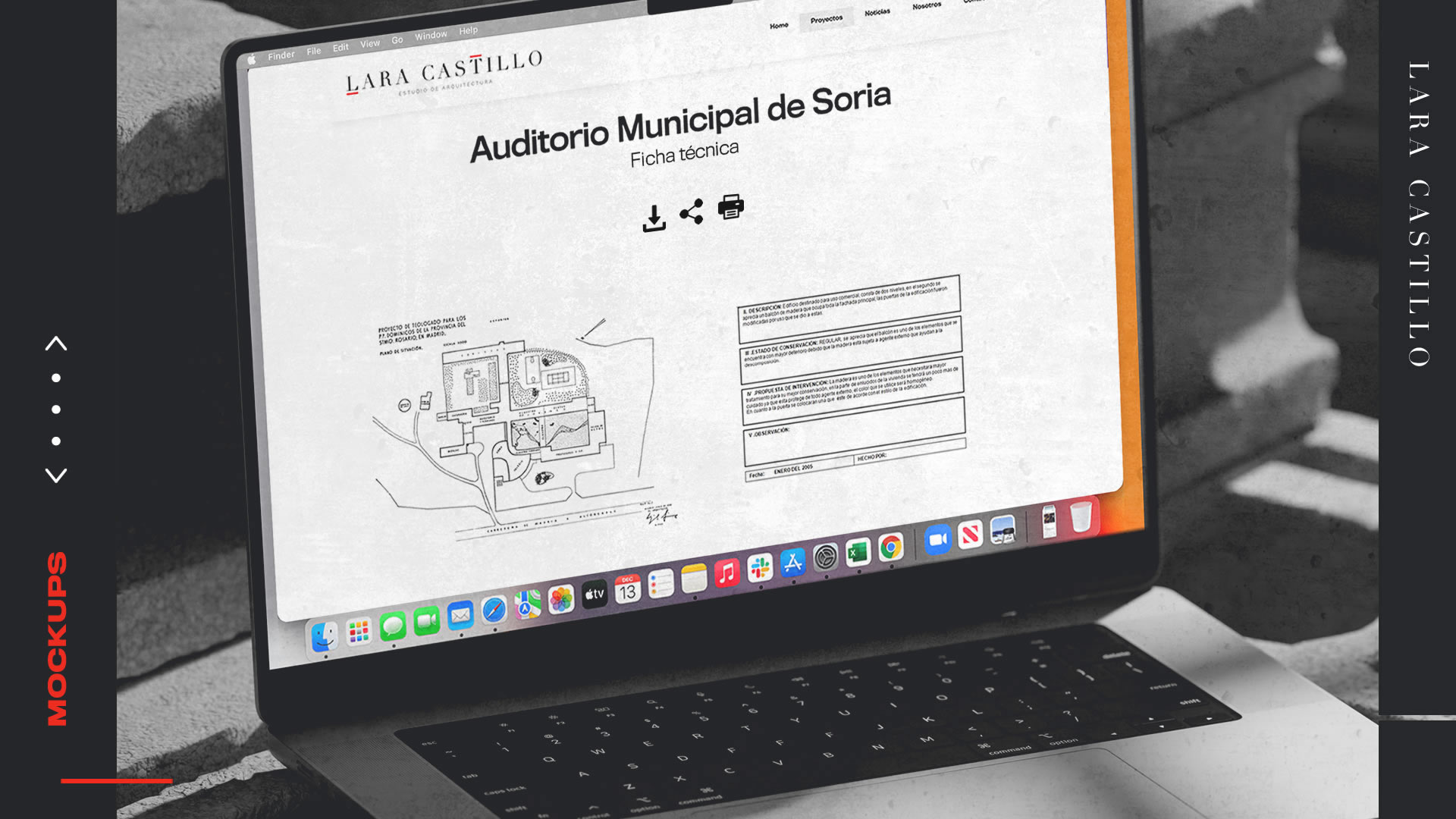Final mockups. A laptop is placed on top of hollow concrete bricks. The screen displays a 'Project Sheet' for the Municipal Auditorium of Soria, including a title, architectural plan, and technical data.