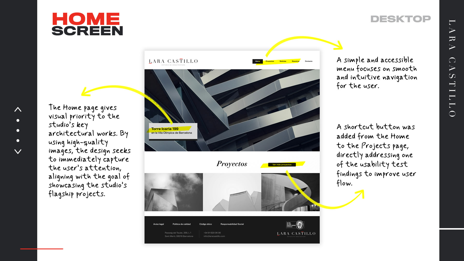High-fidelity prototype of the 'Home' screen. A desktop interface is shown with explanatory notes.