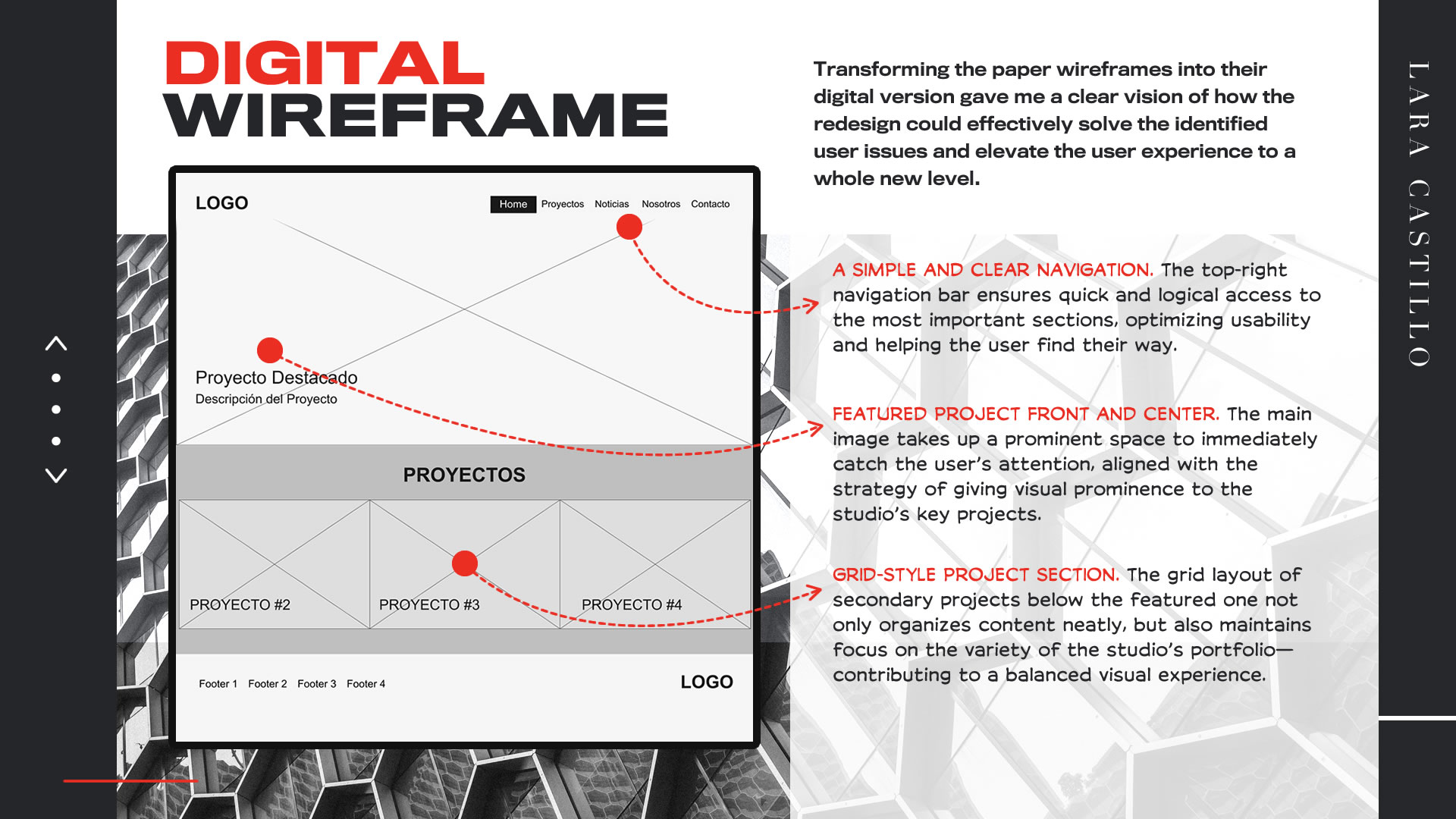 Infographic about 'Digital Wireframes'. It shows a digital sketch for large screens and explains the strategic decisions made.