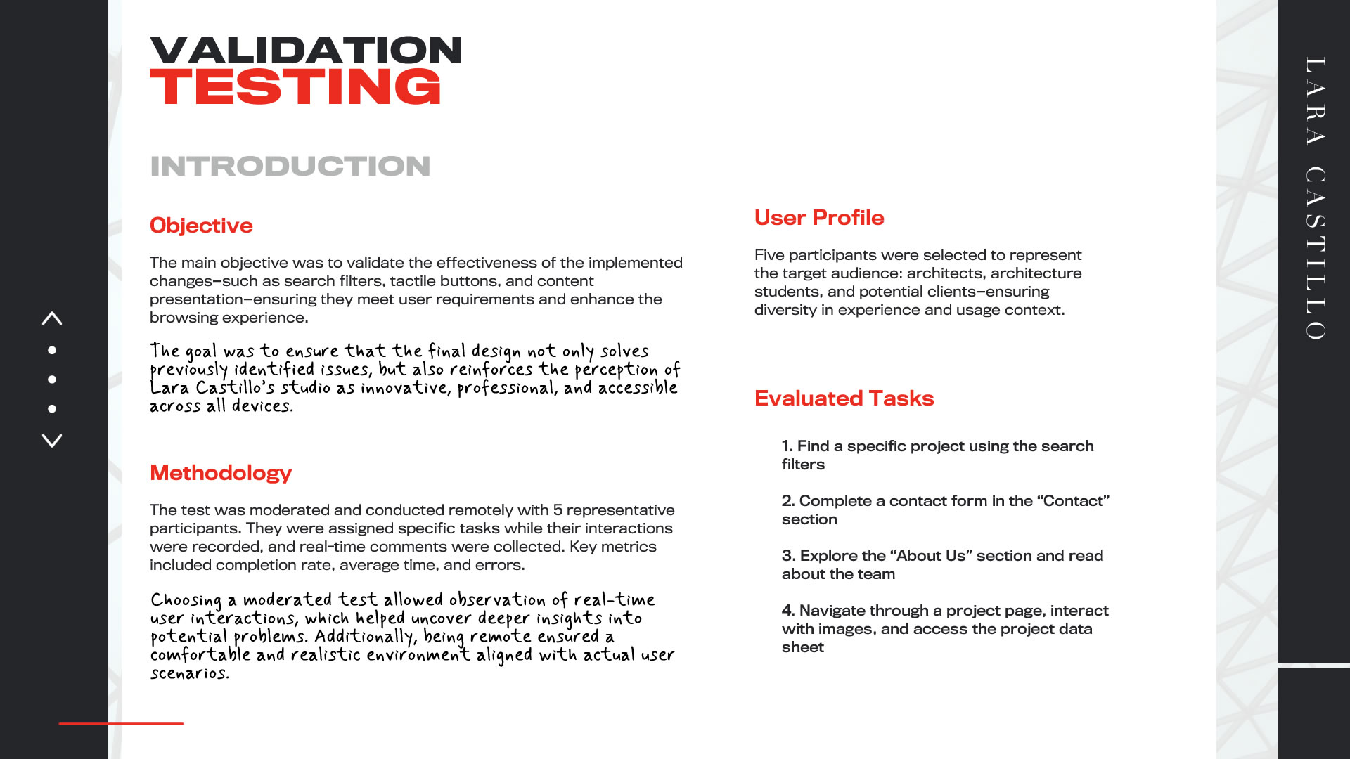 Infographic about the validation usability test. It outlines the test objectives, methodology, user profile, and evaluated tasks.