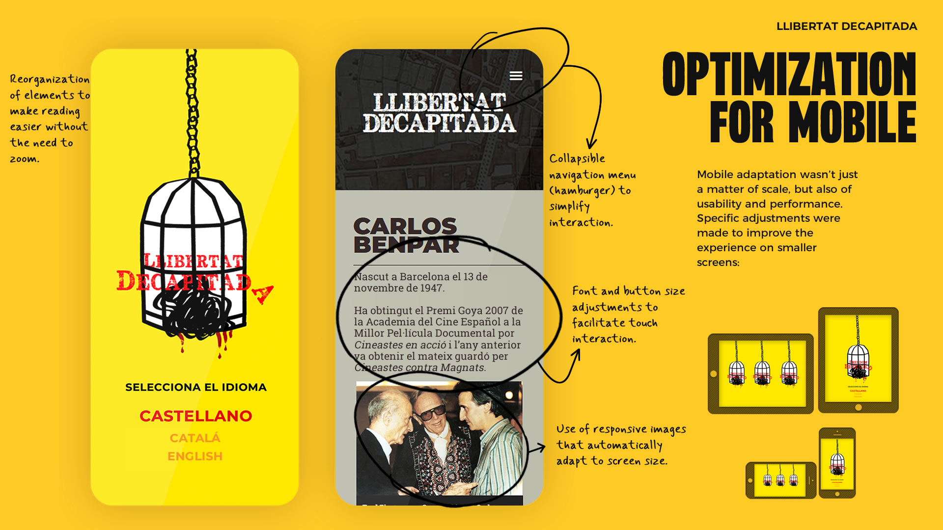 Graphic showing key decisions made to optimize the design for mobile screens, including how the site adapts to various device orientations and sizes.