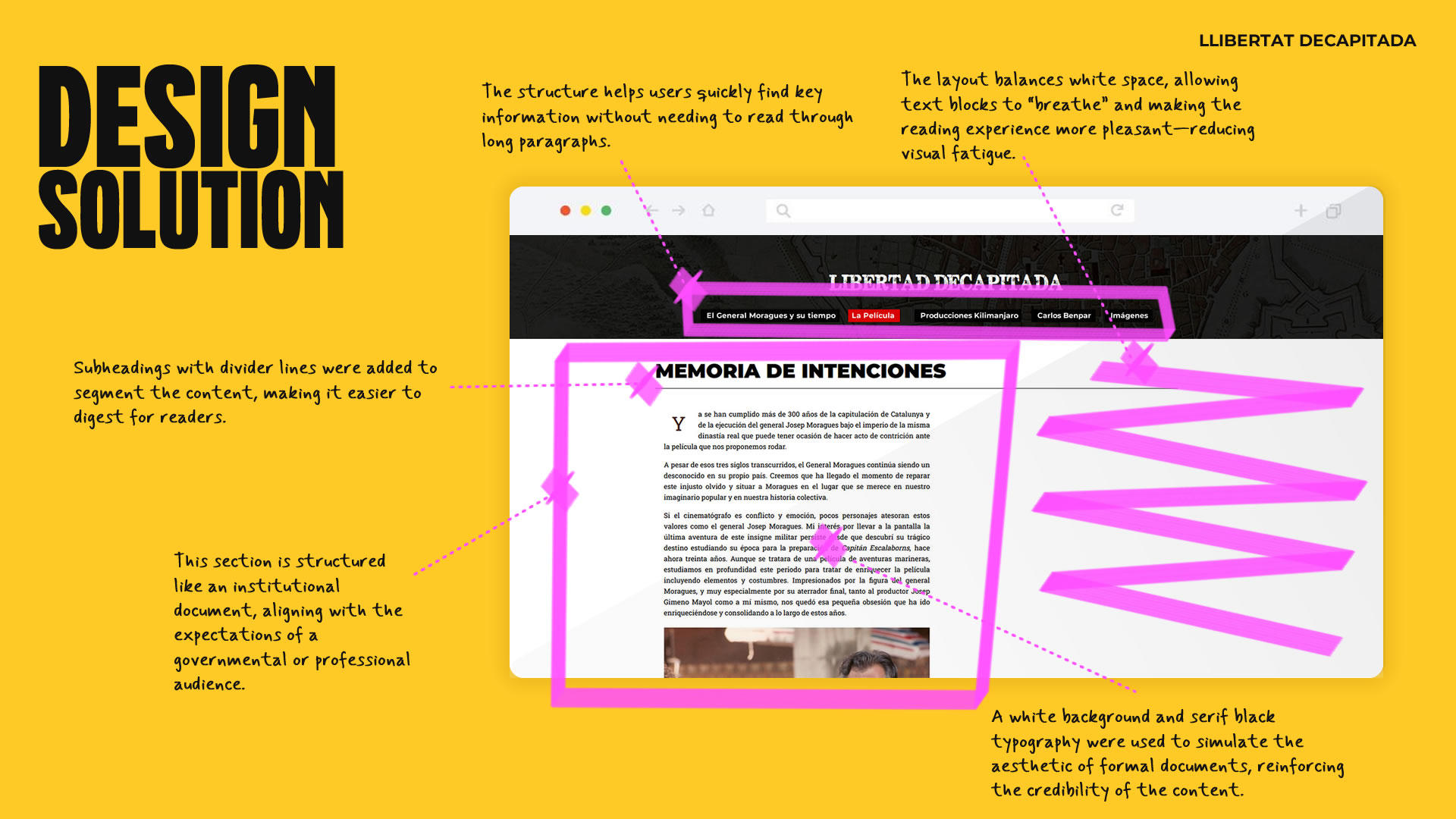 Placa gráfica mostrando la 'Solución de diseño'. Puede observarse una pantalla horizontal, sobre fondo amarillo, y una disección de cada parte, resaltadas con marcador y flechas que tienen anotaciones con la justificación de cada decisión tomada. 