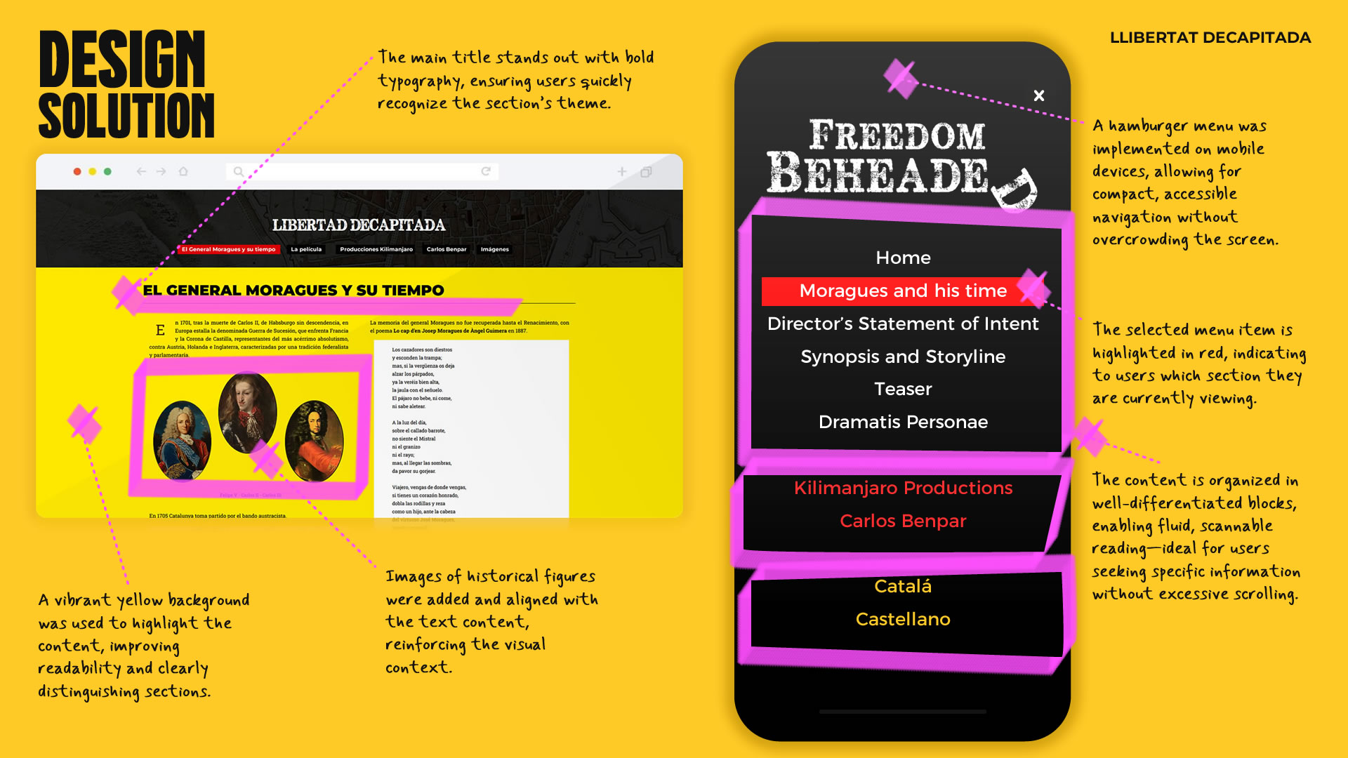 Placa gráfica sobre la 'Solución de diseño'. En este caso además de otra pantalla horizontal, hay una pantalla móvil que muestra el menú en interfaces para teléfono móvil. En este caso, también se pueden observar anotaciones con marcador.