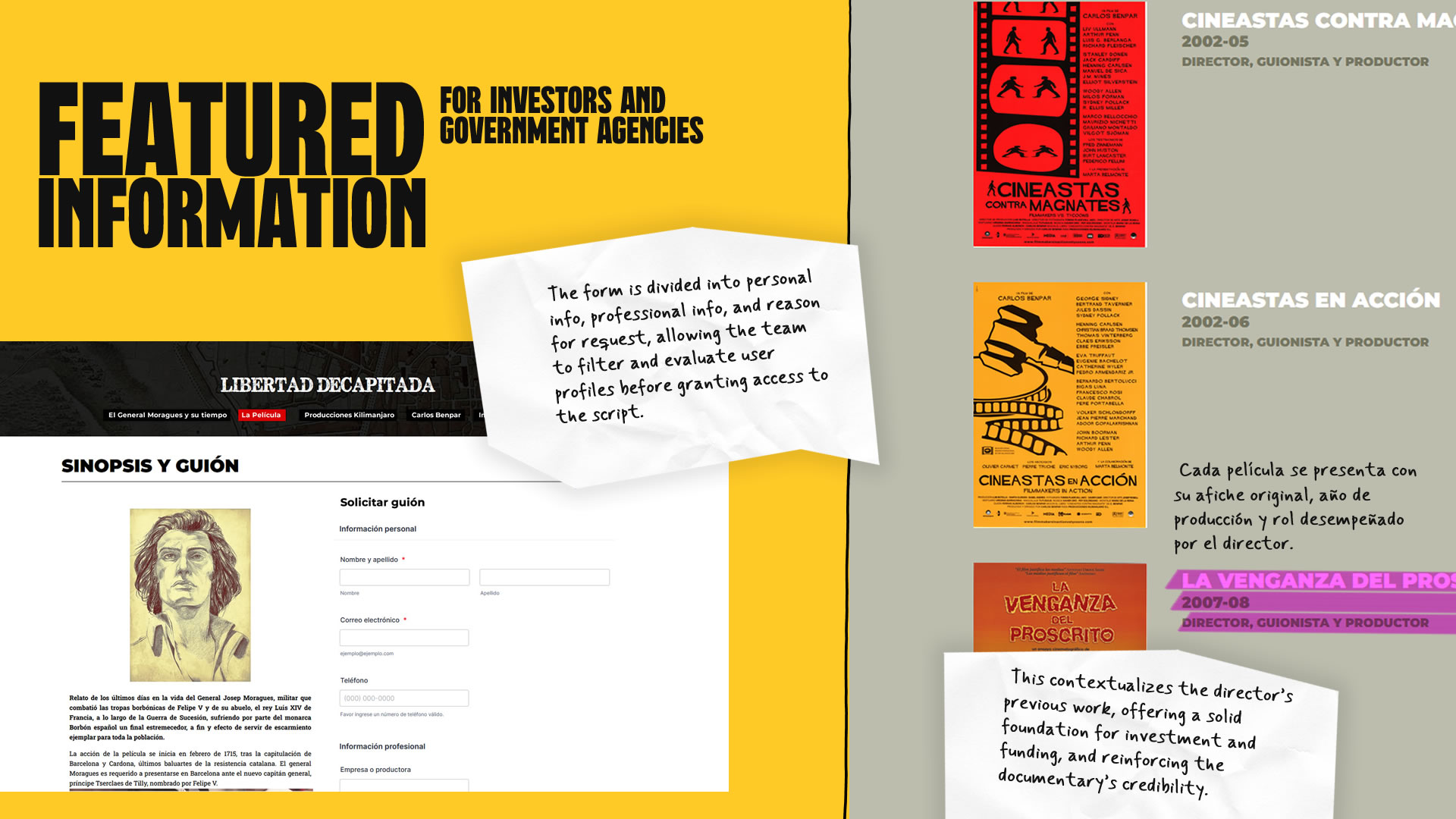 'Design'. A board showing strategic design decisions such as the screenplay request flow and contextual information about the director’s filmography.