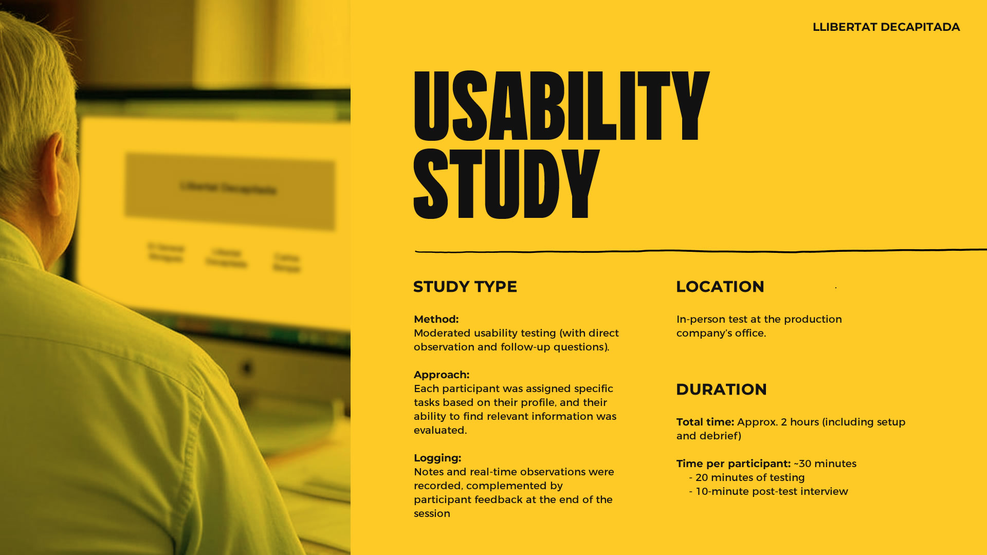 Infografía sobre el estudio de usabilidad. En esta placa, se detalla el tipo de estudio, la ubicación y la duración de la prueba.