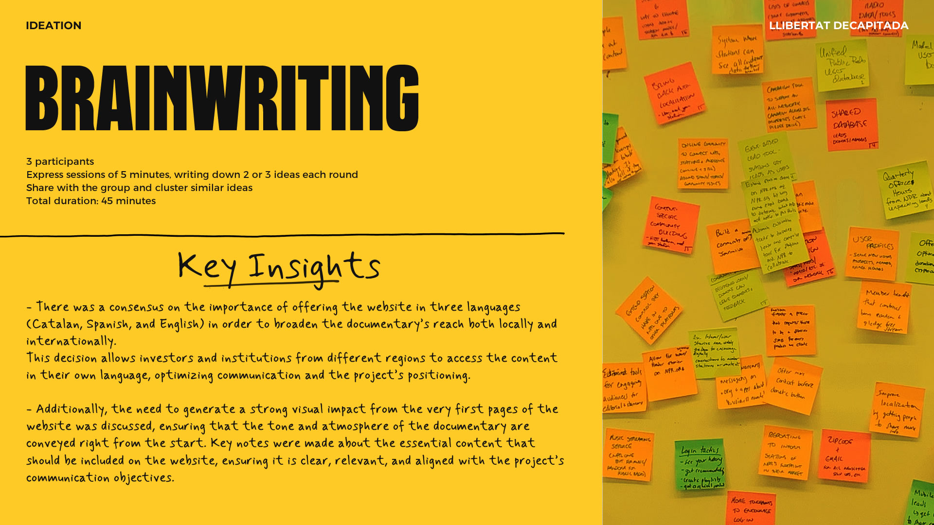 Infographic —yellow background— explaining the Brainwriting ideation process: number of participants, session duration, and key points gathered during the workshop.