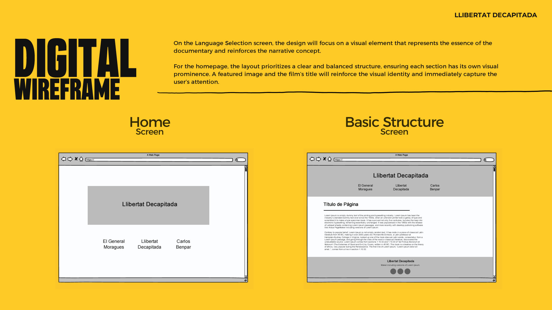 Digital Wireframes graphic: two low-fidelity screen mockups showing the homepage and a basic layout template for all site pages.