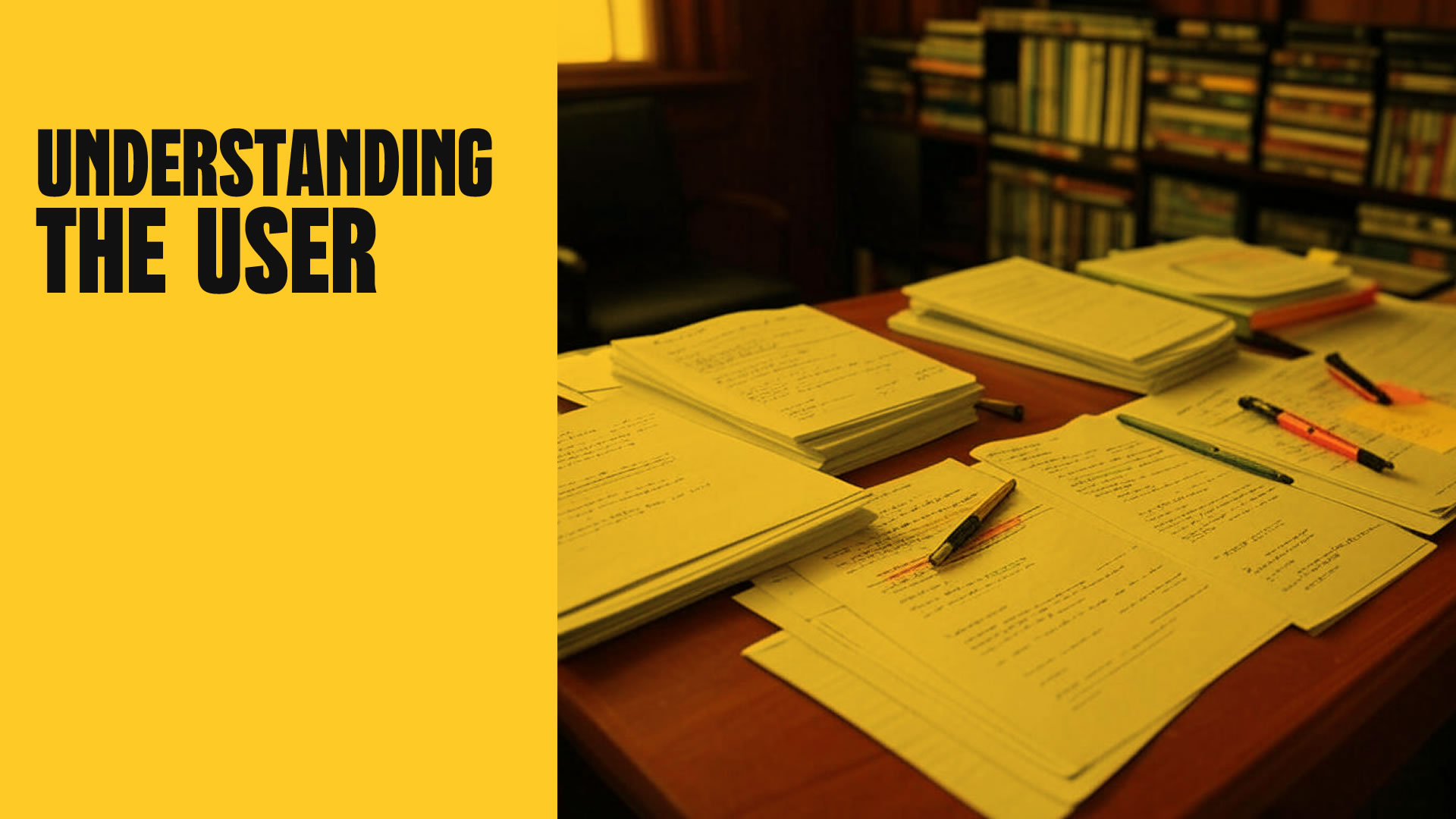 Portada que introduce a la sección 'User Research'. Junto a una fotografía de un escritorio lleno de papeles, hay unas letras negras sobre fondo amarillo que dice: 'Entendiendo al Usuario'.