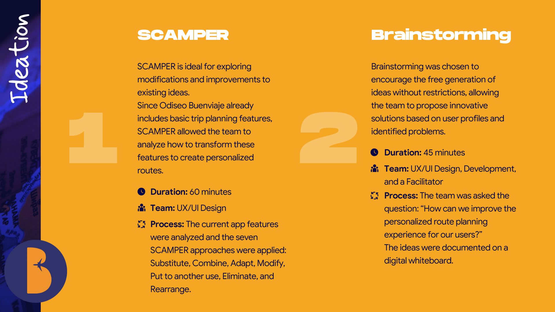 Infographic with data from the first ideation session: 'Scamper' and 'Brainstorming'.