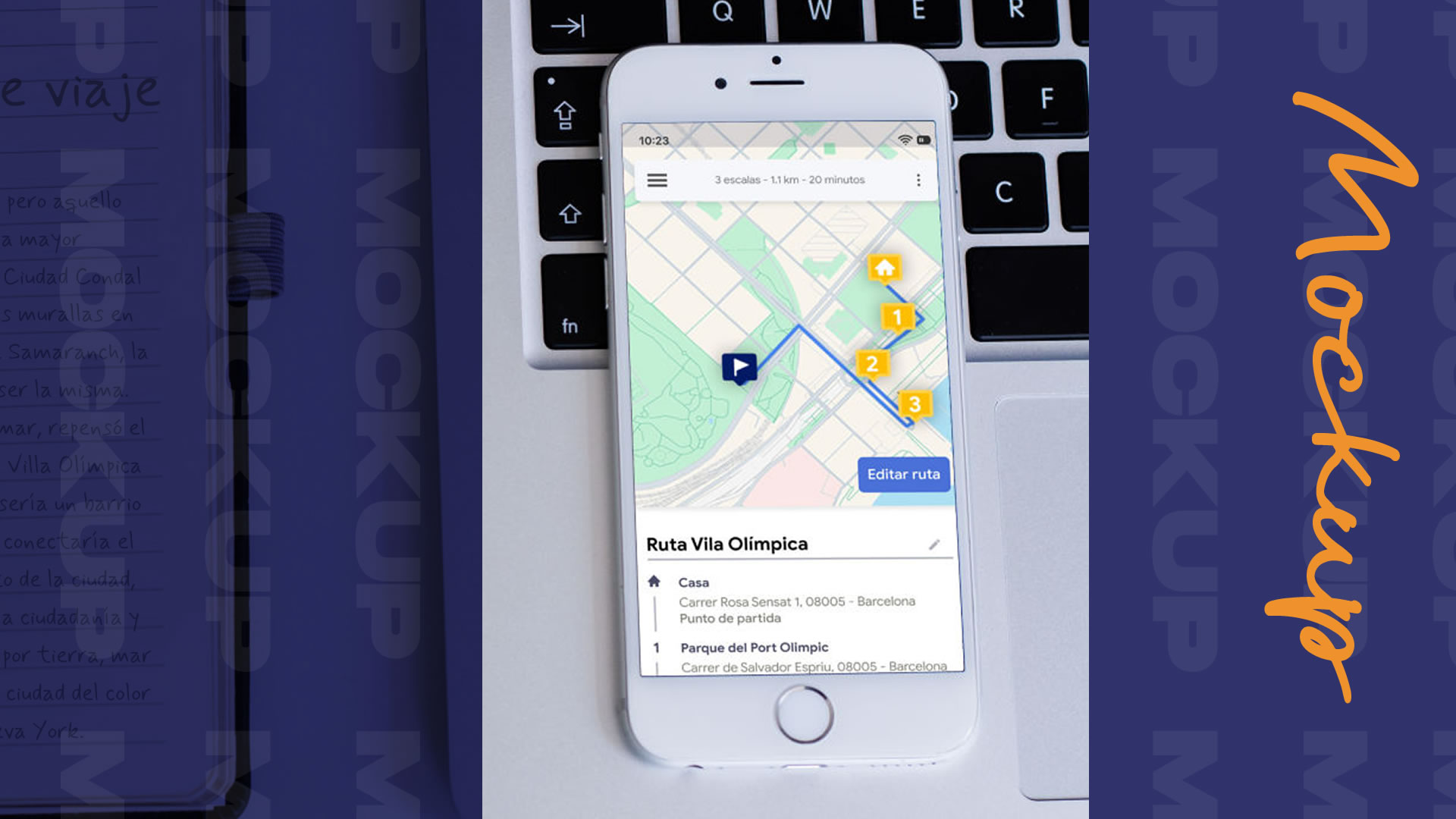 Mockups de la aplicación. En esta imagen, se puede observar en primer plano la pantalla de un teléfono blanco iPhone sobre una laptop. La pantalla muestra una ruta personalizada por la Vila Olímpica de Barcelona.