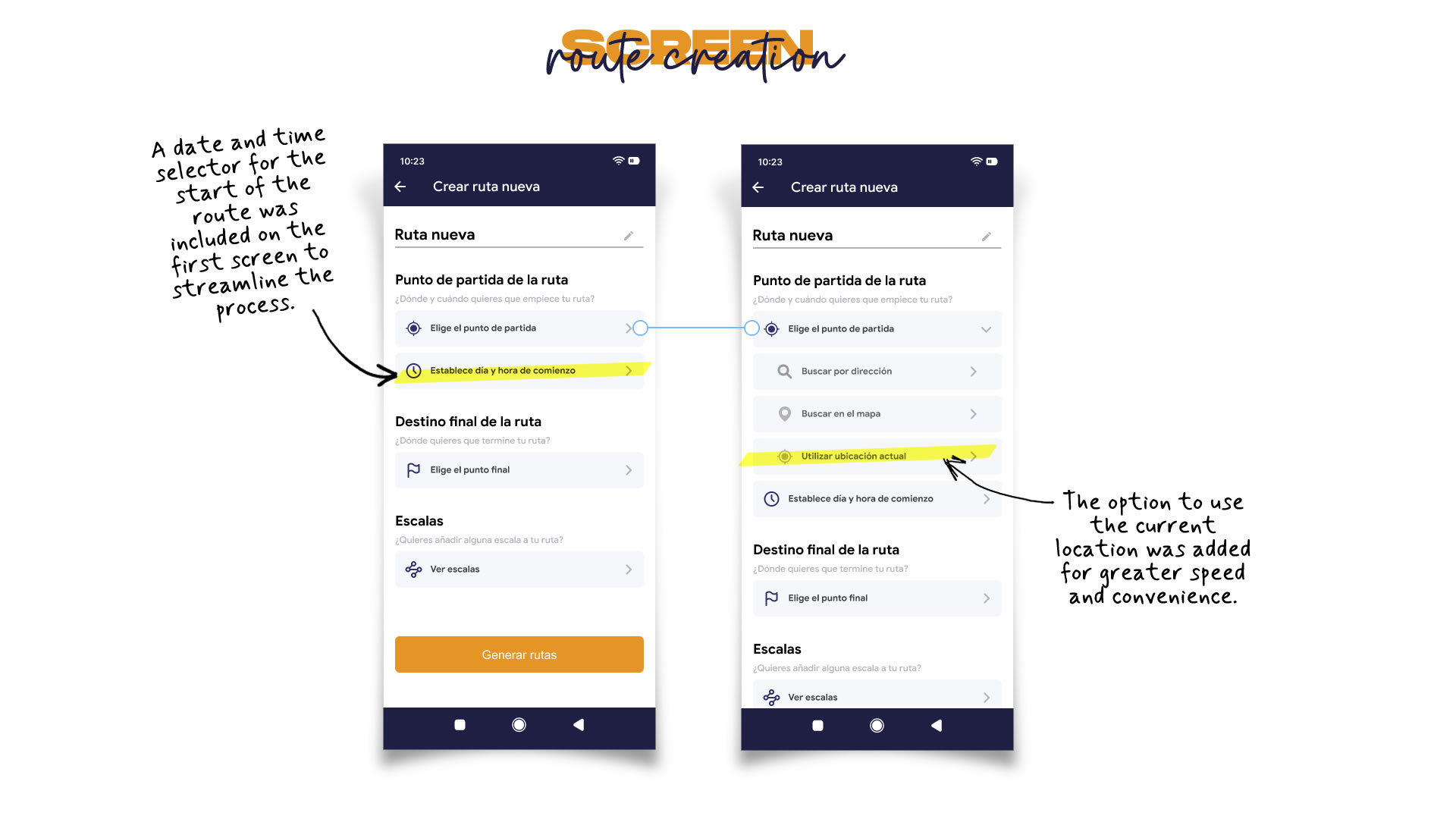 High-fidelity mobile prototype, 'Create Route' screen. The interface displays the incorporated modifications.
