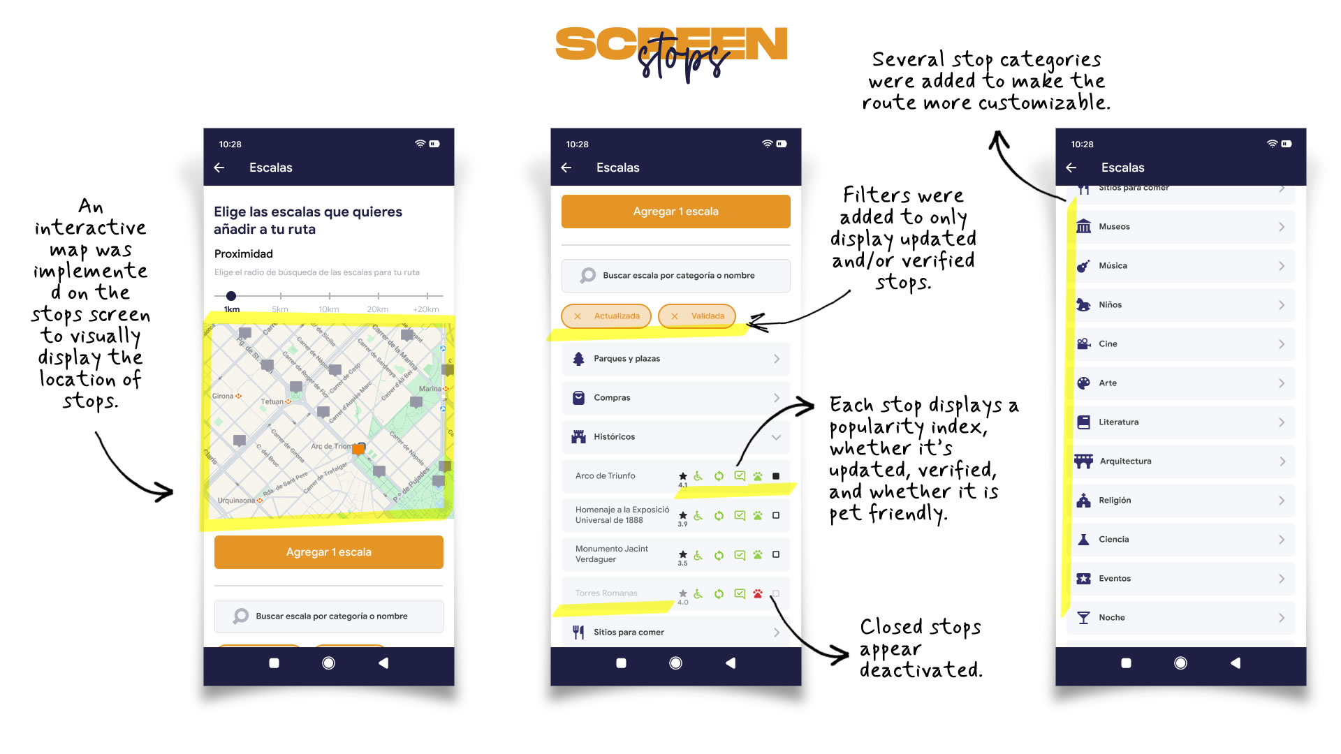 High-fidelity mobile prototype of the 'Stops' screen, renamed as 'Layovers'. It shows the interactive map, filters to select layovers, their features, and how to customize the route.