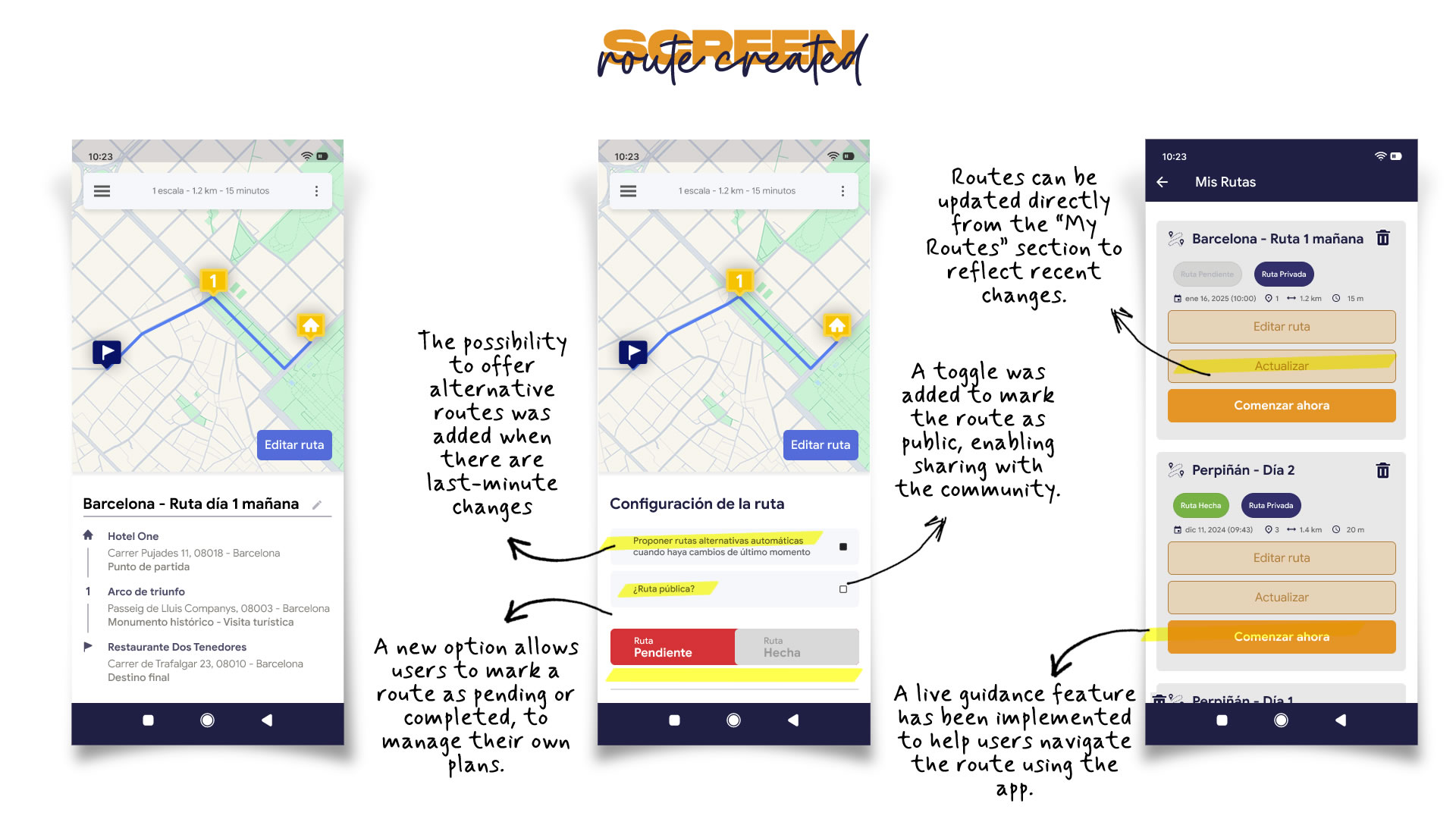 High-fidelity mobile prototype of the 'Created Route' screen. It shows three screens: the first with the route drawn on the map; the second with route configuration options; the third with the 'My Routes' screen, showing saved route management.
