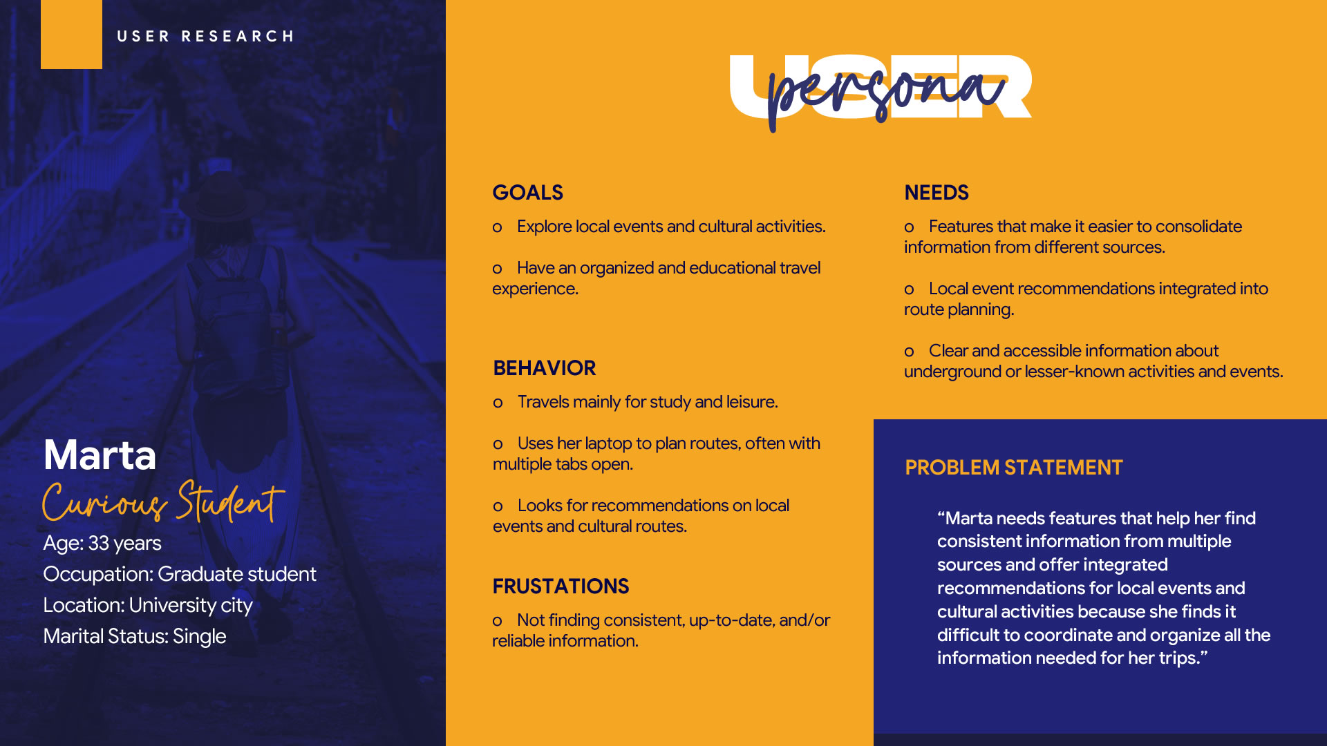 User Persona card featuring Marta, a 33-year-old graduate student who travels for study and leisure. It details her goals, behaviors, needs, frustrations, and a problem statement highlighting the need to consolidate cultural information and local recommendations to efficiently plan her trips.