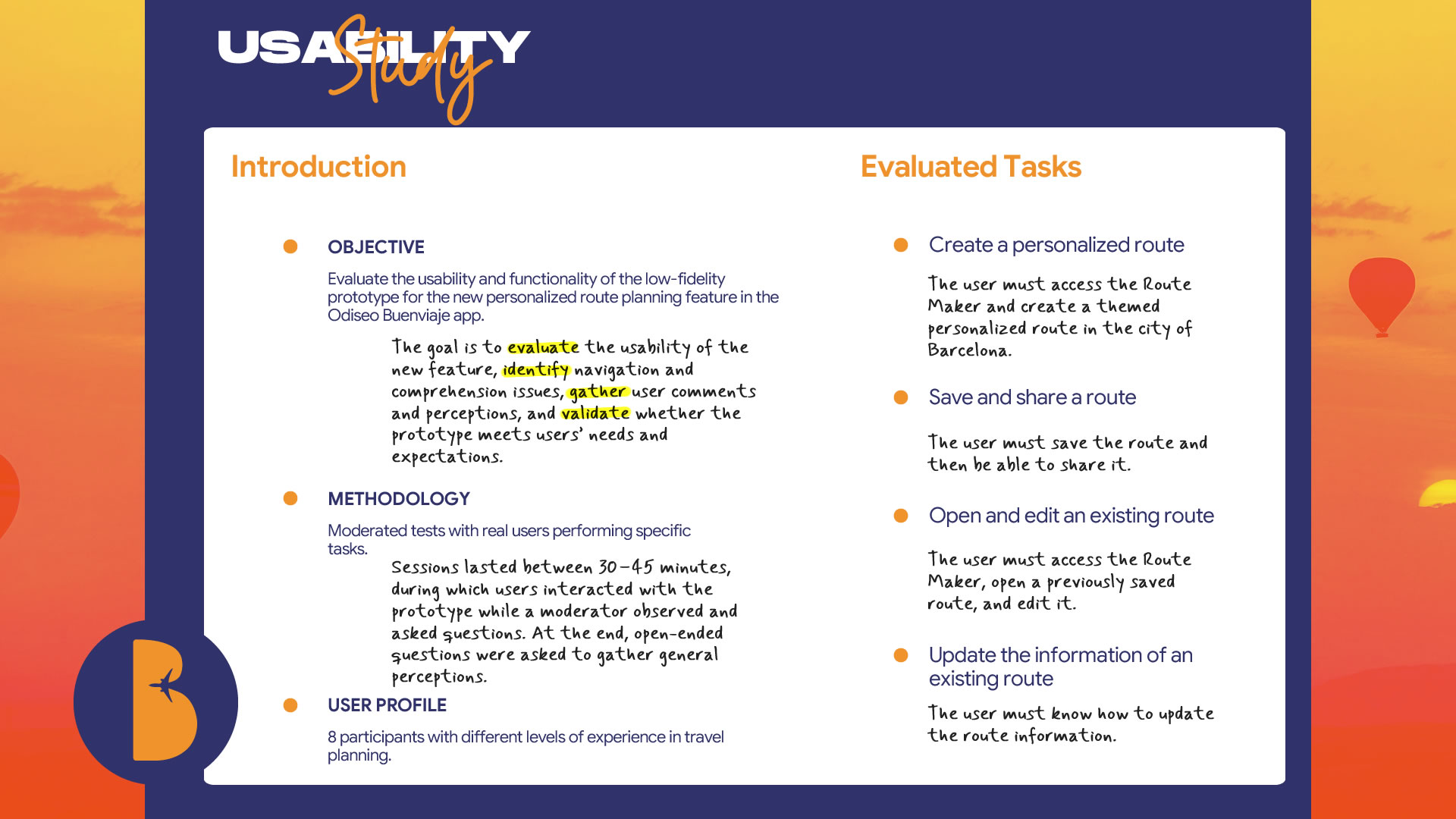 Infographic about the usability study: objectives, methodology, and user profiles are shown. There is also a column listing the evaluated tasks.