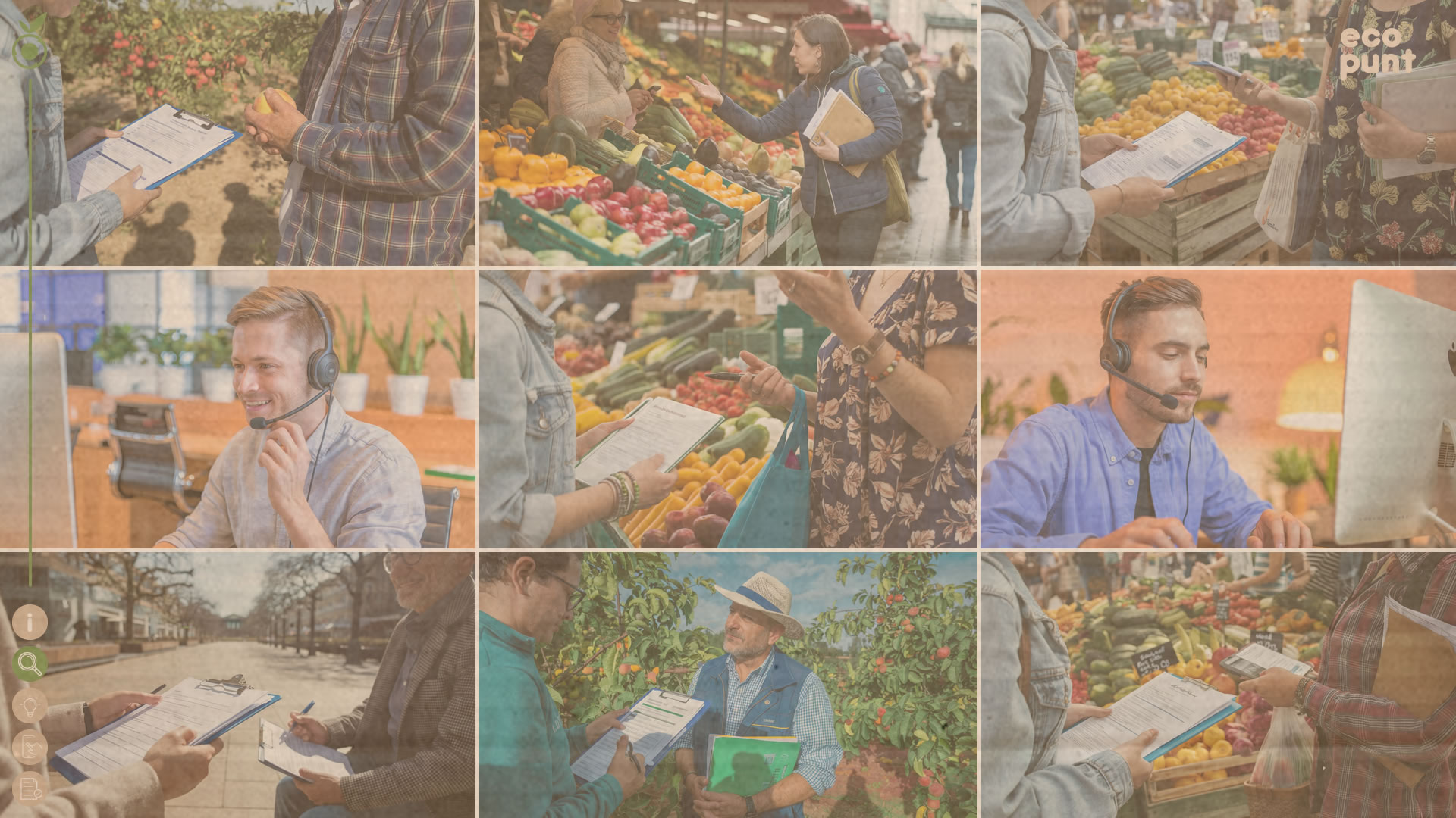 Grid de fotografías durante el proceso de investigación. Se ve a agricultores, consumidores y ciudadanos siendo entrevistados, así como un par de chicos jóvenes haciendo entrevistas desde el ordenador.