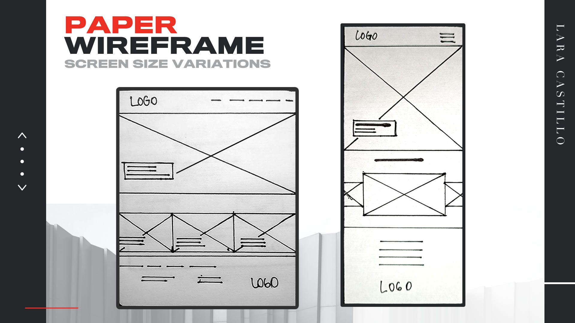 Por último, los 'Paper Wireframes' o 'Bocetos a mano' terminados. Se ven dos dibujos, el primero corresponde a pantallas de mayor tamaño como laptops o pantallas de ordenador y la otra a pantallas móviles.