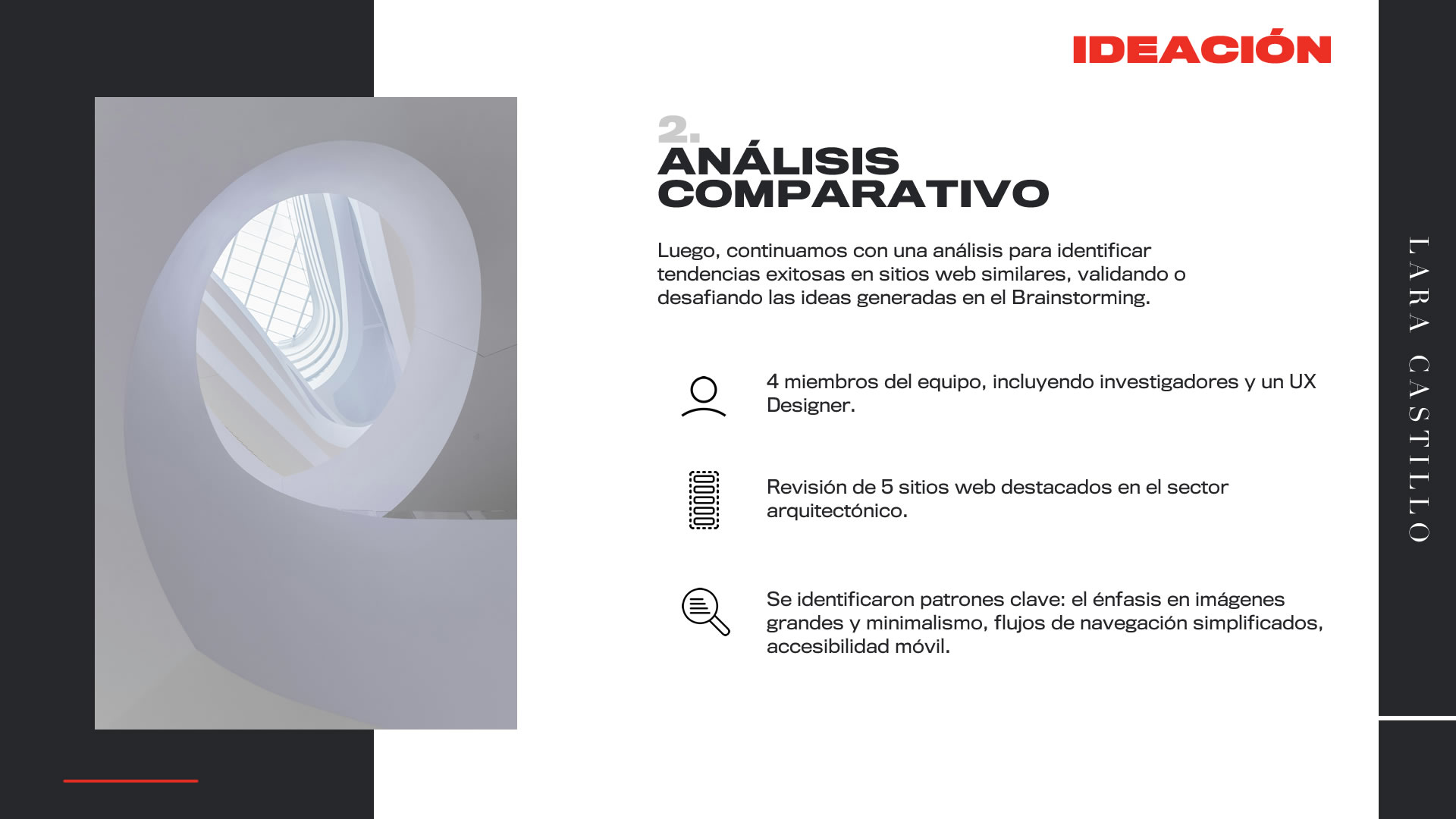 Infografía sobre las sesiones de ideación. En esta placa: Análisis Comparativo. Se detalla los miembros, el proceso y el resultado: identificación de patrones clave, flujos de navegación y accesibilidad.