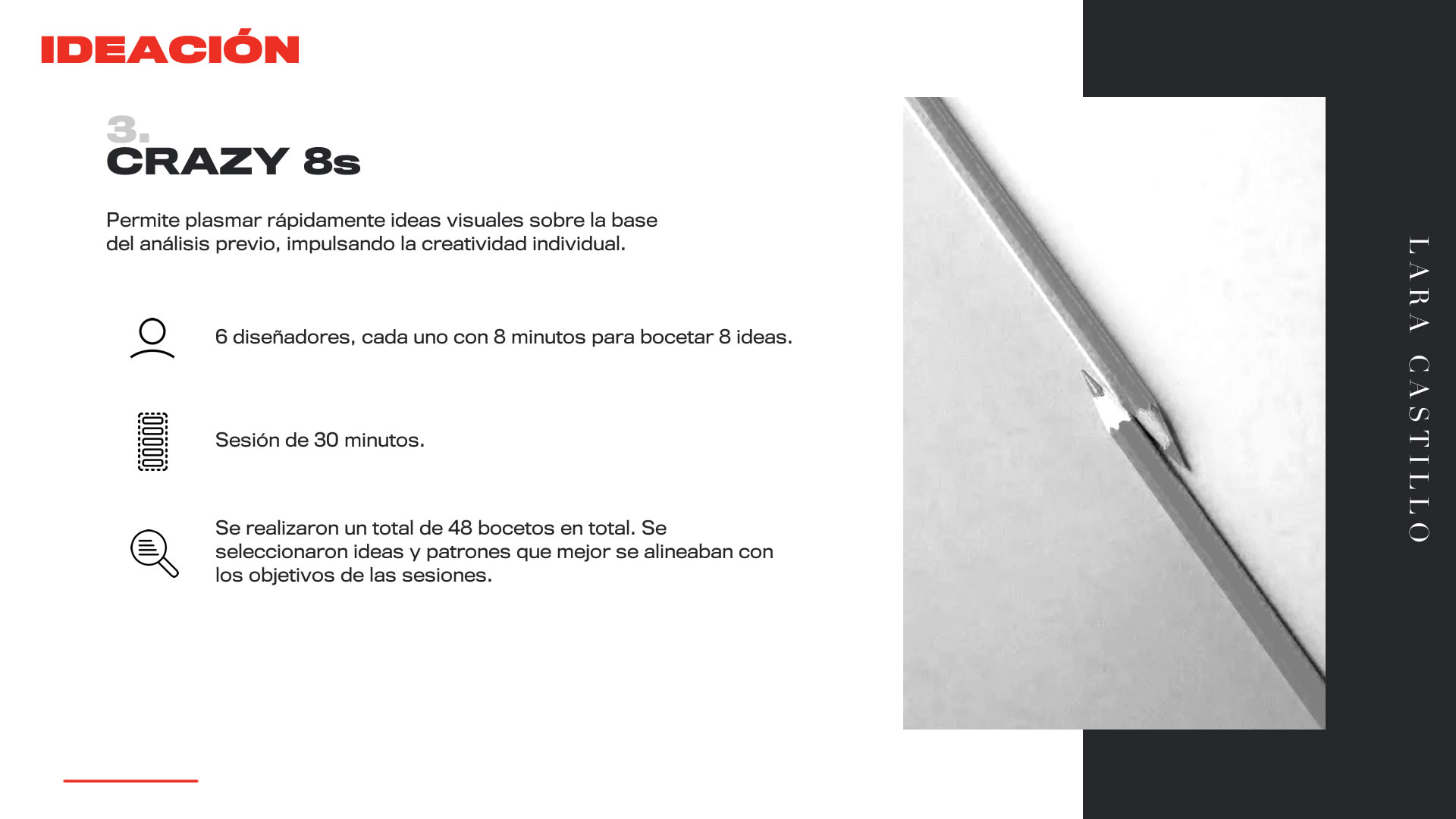 Infografía sobre las sesiones de ideación. En esta placa: Crazy 8s. Se detalla la cantidad de diseñadores participantes, datos de la sesión y el resultado.