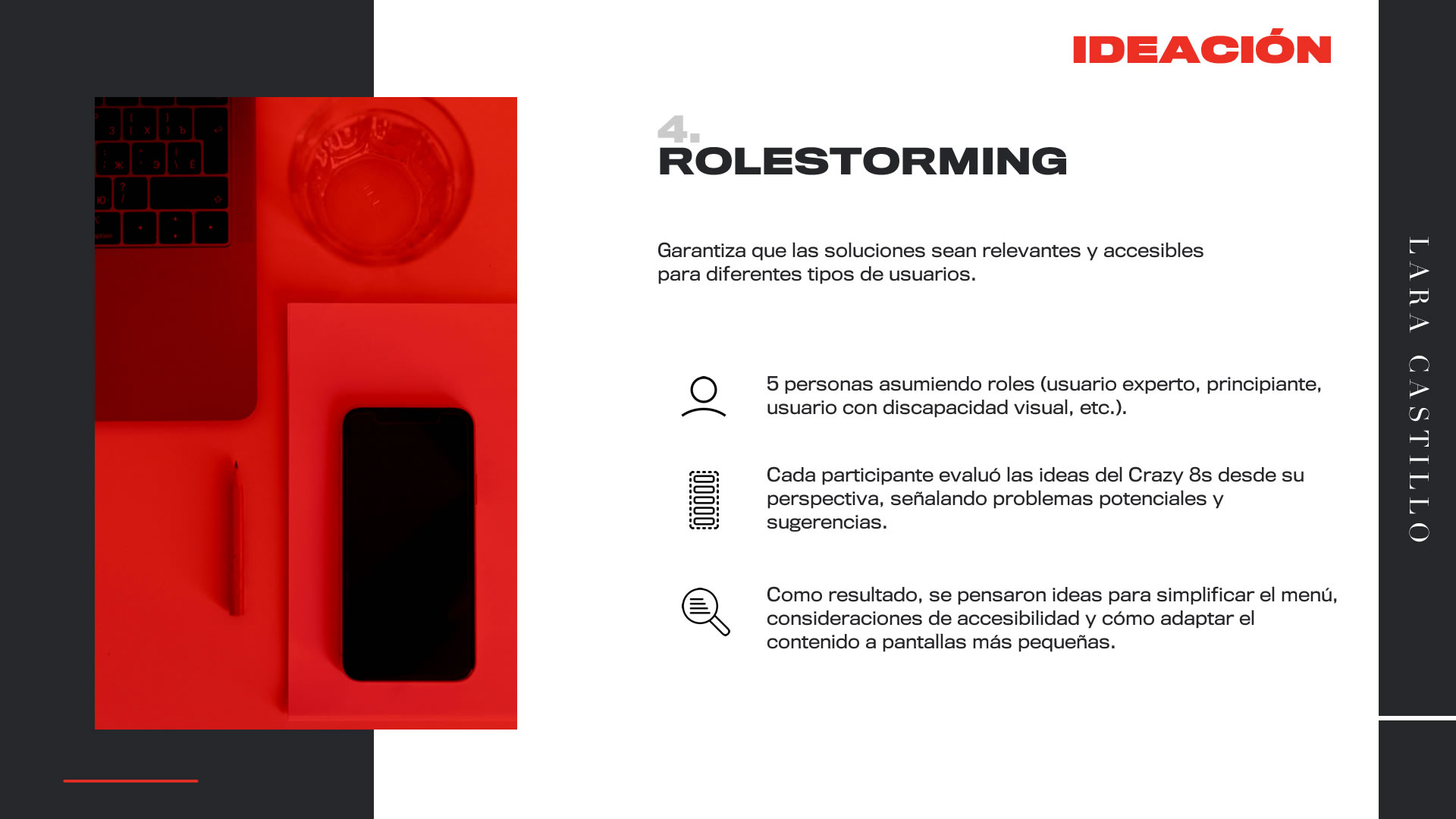 Infografía sobre las sesiones de ideación. En esta placa: Rolestorming. Se detalla la cantidad de participantes, información sobre el proceso y el resultado de la sesión.
