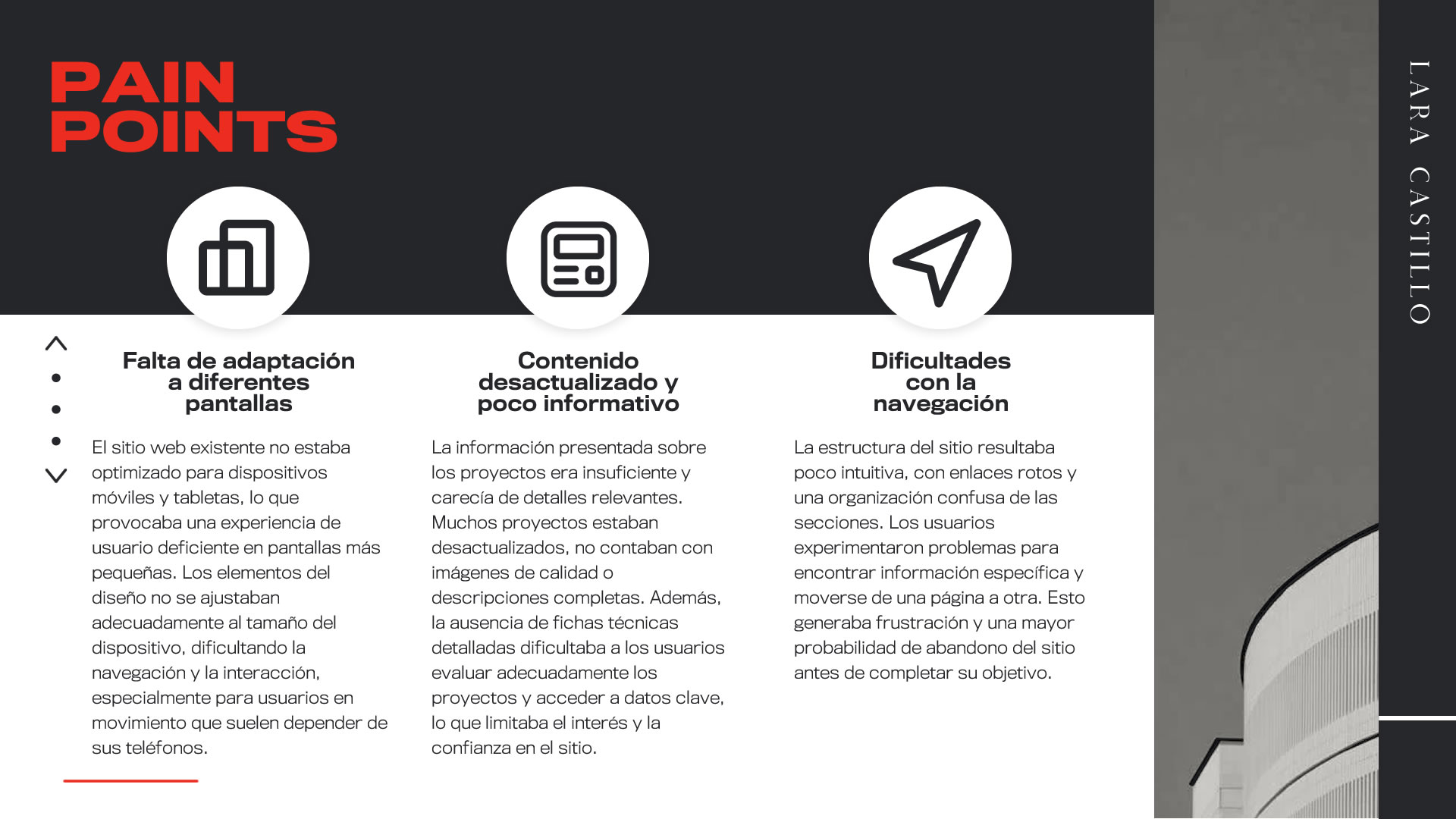 Infografía sobre los 'Pain Points'. Hay tres columnas con un ícono cada una: la primera es Falta de adaptación a diferentes pantallas, la segunda contenido desactualizado y poco informativo y la tercera, dificultades con la navegación.