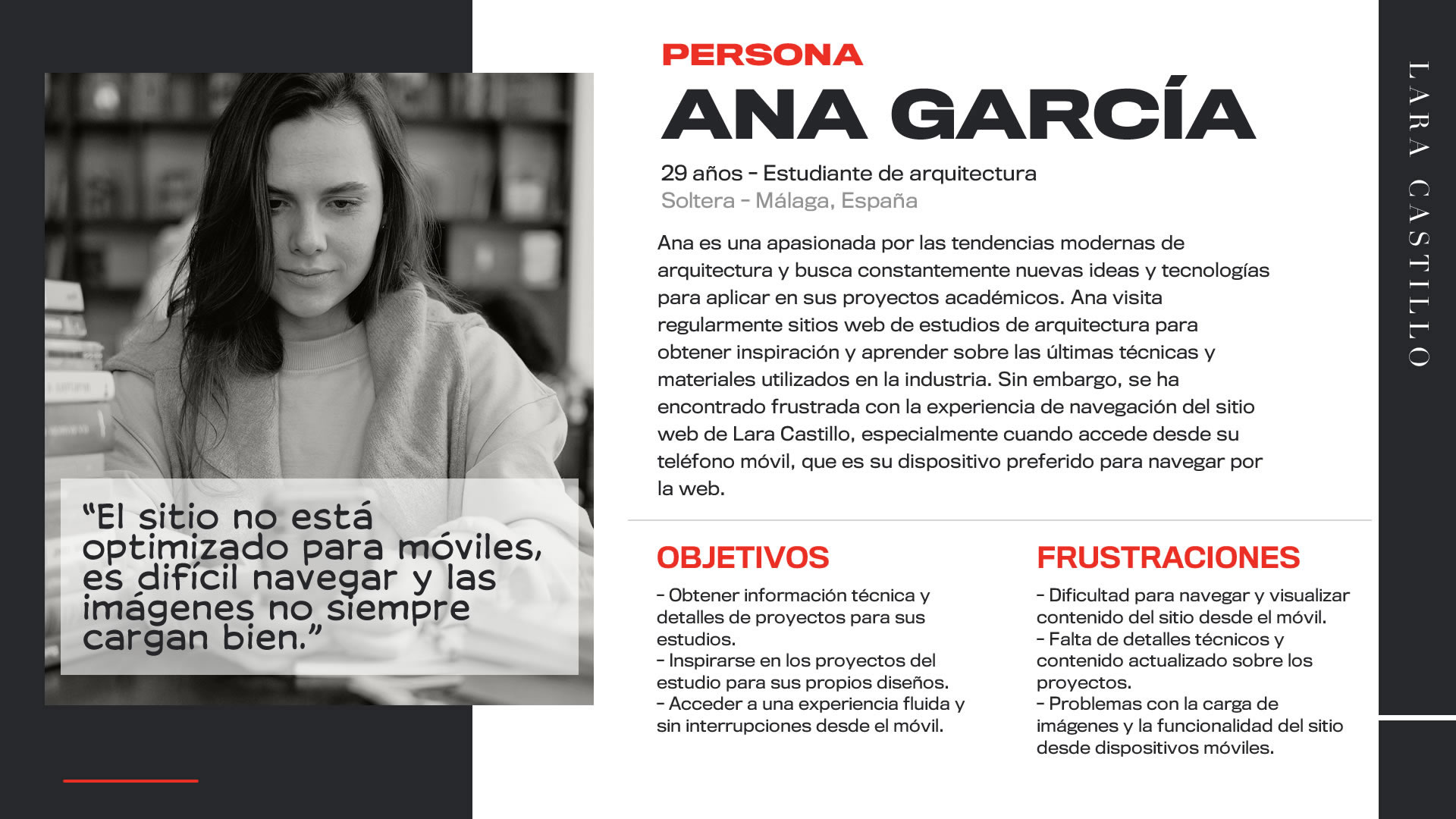 User Persona. Ana tiene 29 años y es estudiante de arquitectura. Está soltera y vive en Málaga. Se detalla su perfil, sus objetivos y frustraciones.