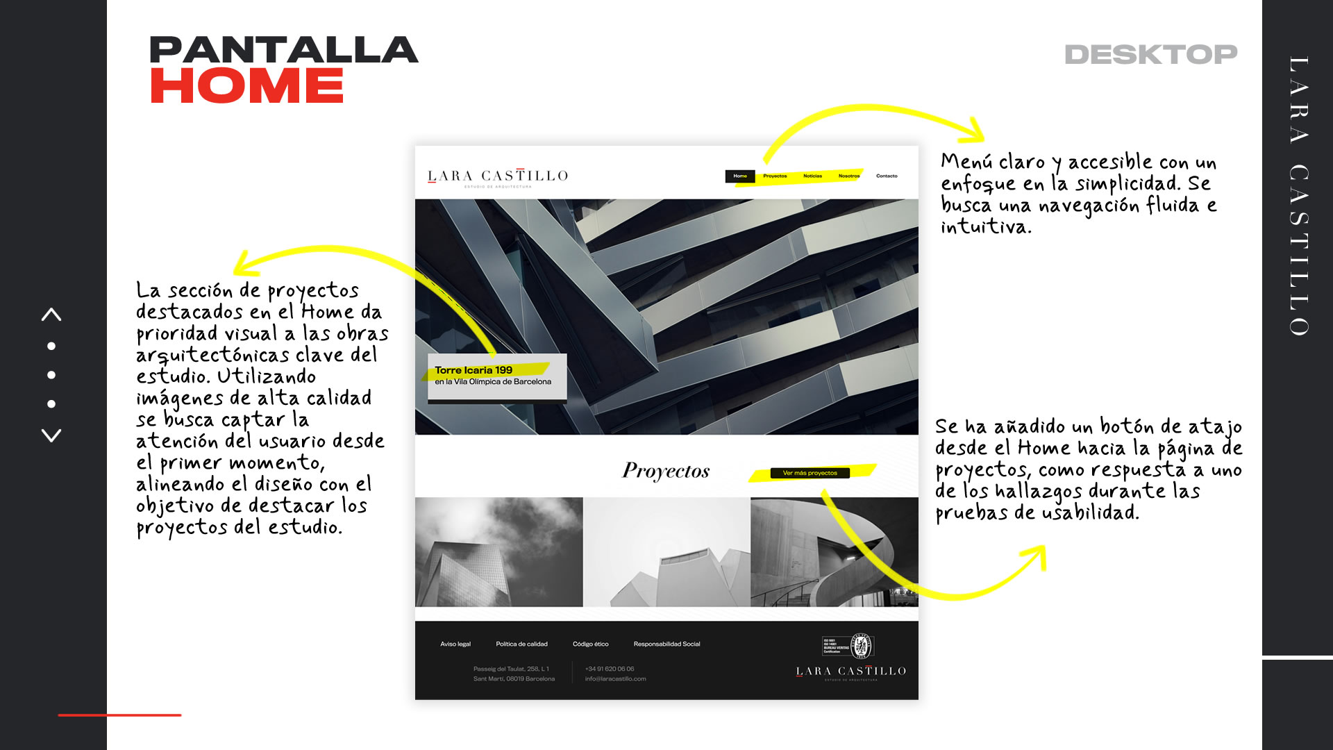 Se muestra el prototipo de alta fidelidad de la pantalla 'Home'. Se observa una fotografía de la interfaz para ordenador y varias notas explicativas.