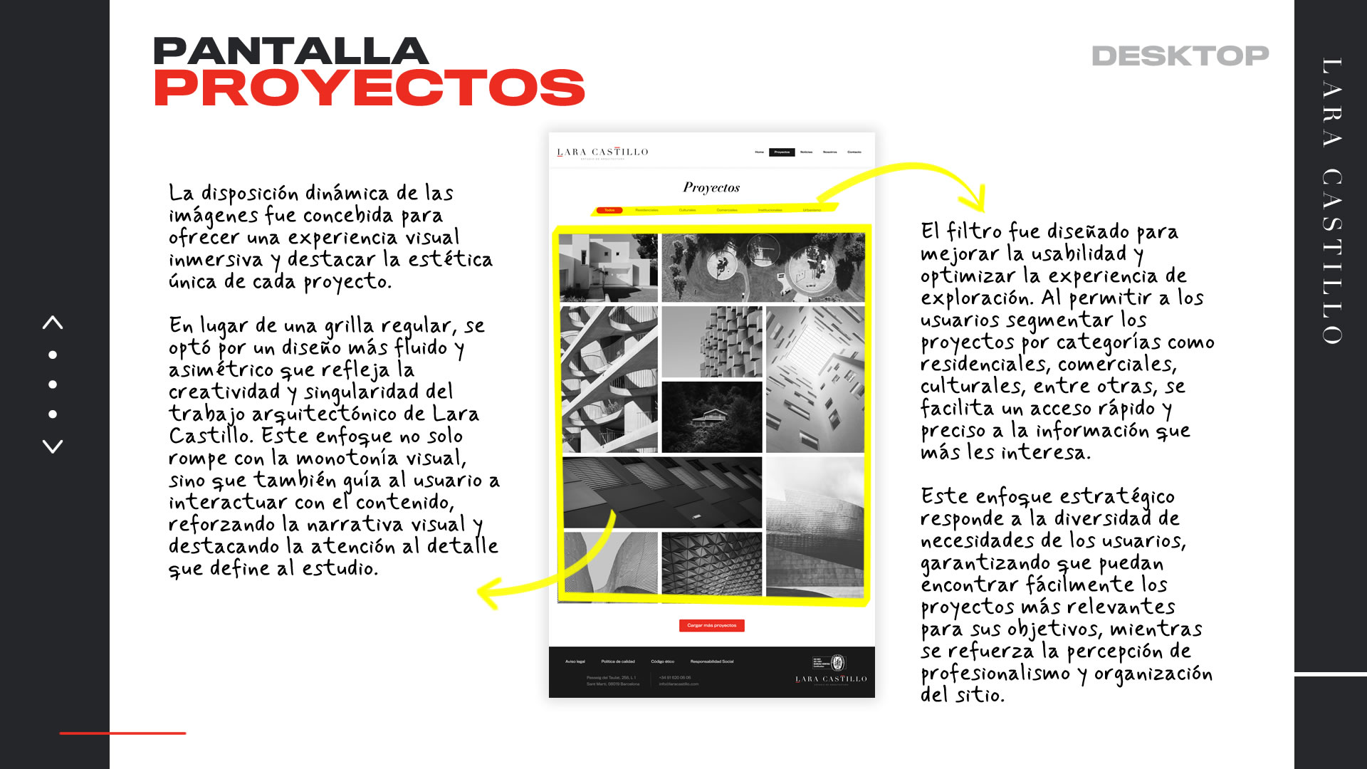 Una imagen del prototipo de alta fidelidad de la pantalla 'Proyectos' aparece en el centro, de ahí salen flechas con anotaciones que muestran la justificación estratégica de las decisiones de diseño.