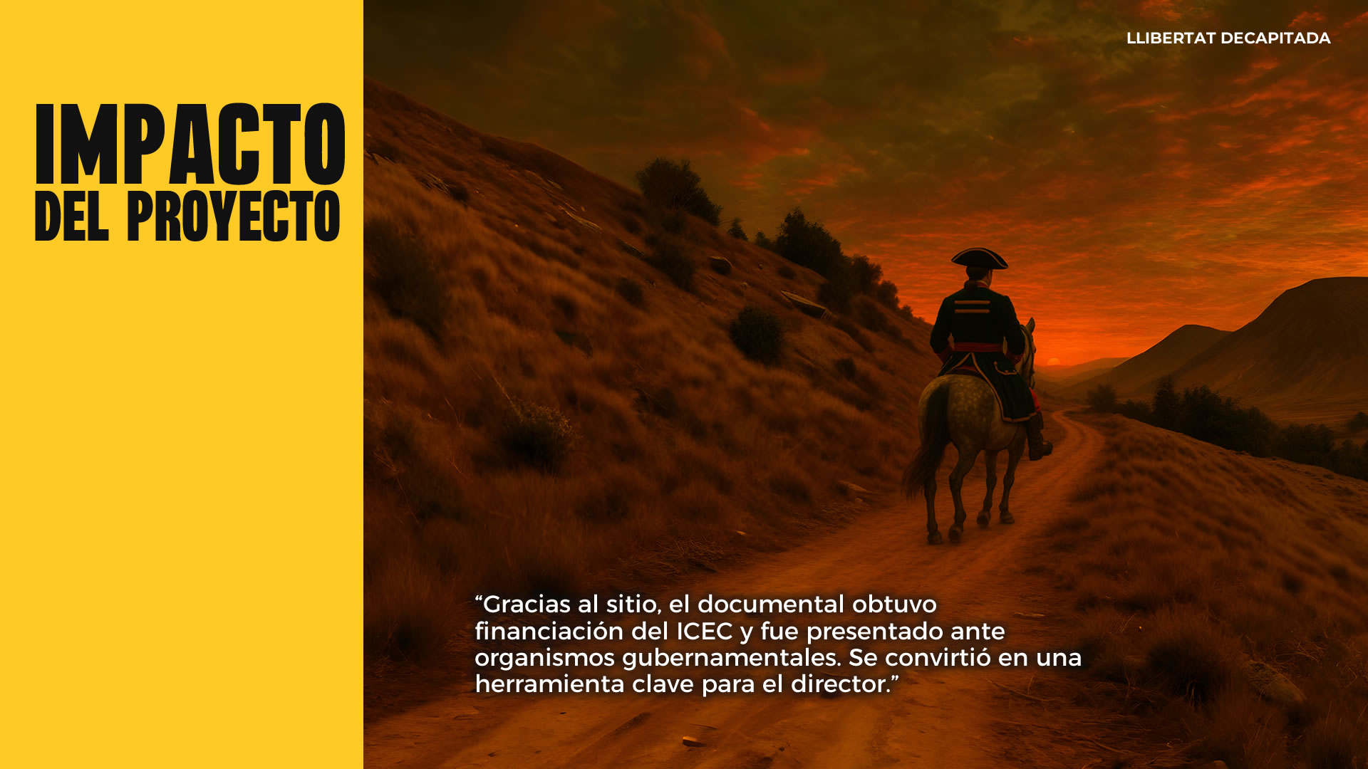 La imagen se divide en dos partes. Hacia la derecha y ocupando más de la mitad, hay una imagen de un set de grabación vacío, y en primer lugar una silla de director sin ocupante. Hacia la izquierda un panel amarillo tiene las letras 'Conclusiones, Takeaways'.