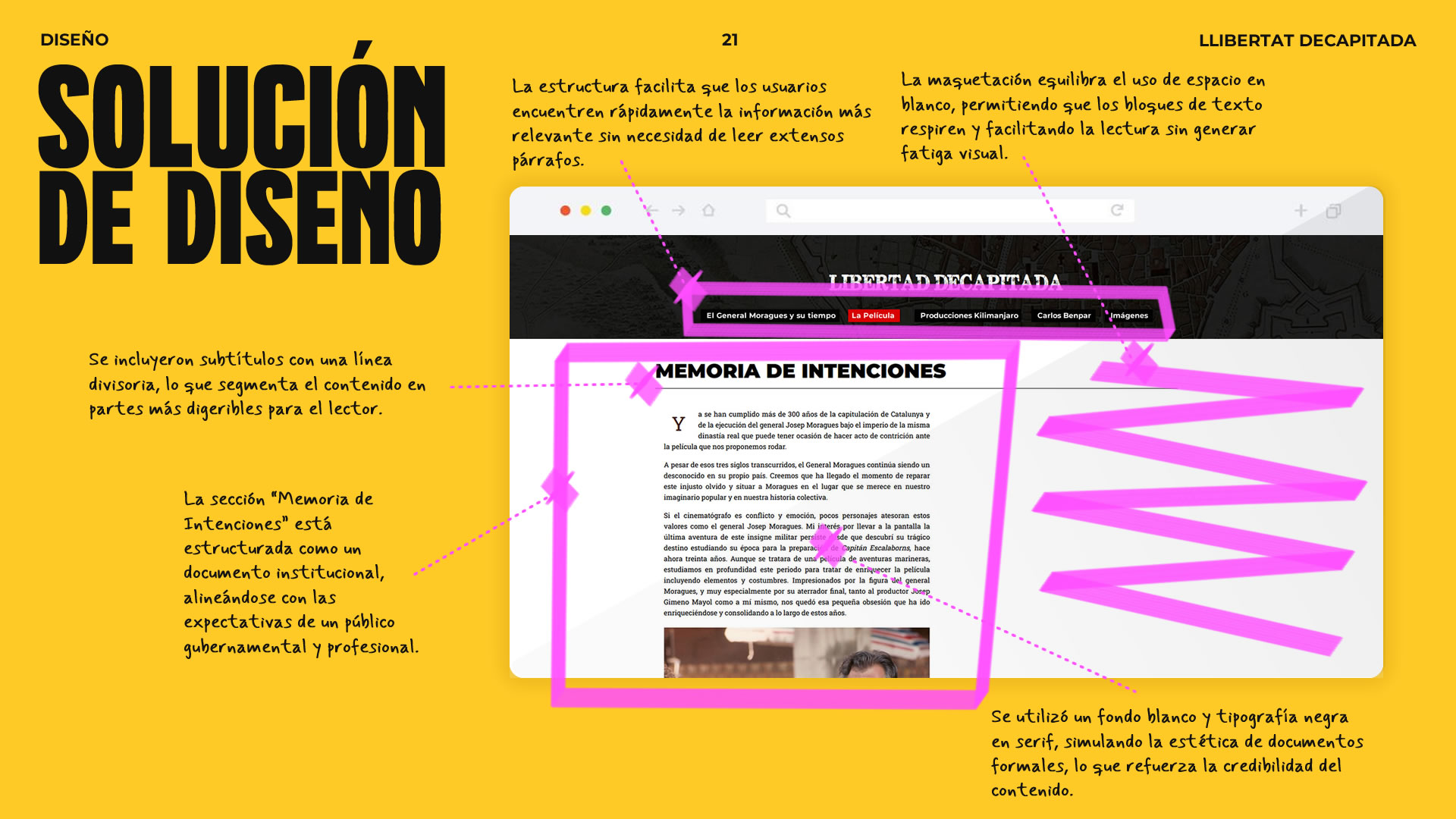 Placa gráfica mostrando la 'Solución de diseño'. Puede observarse una pantalla horizontal, sobre fondo amarillo, y una disección de cada parte, resaltadas con marcador y flechas que tienen anotaciones con la justificación de cada decisión tomada. 