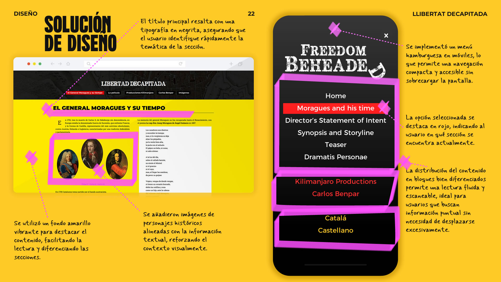 Placa gráfica sobre la 'Solución de diseño'. En este caso además de otra pantalla horizontal, hay una pantalla móvil que muestra el menú en interfaces para teléfono móvil. En este caso, también se pueden observar anotaciones con marcador.