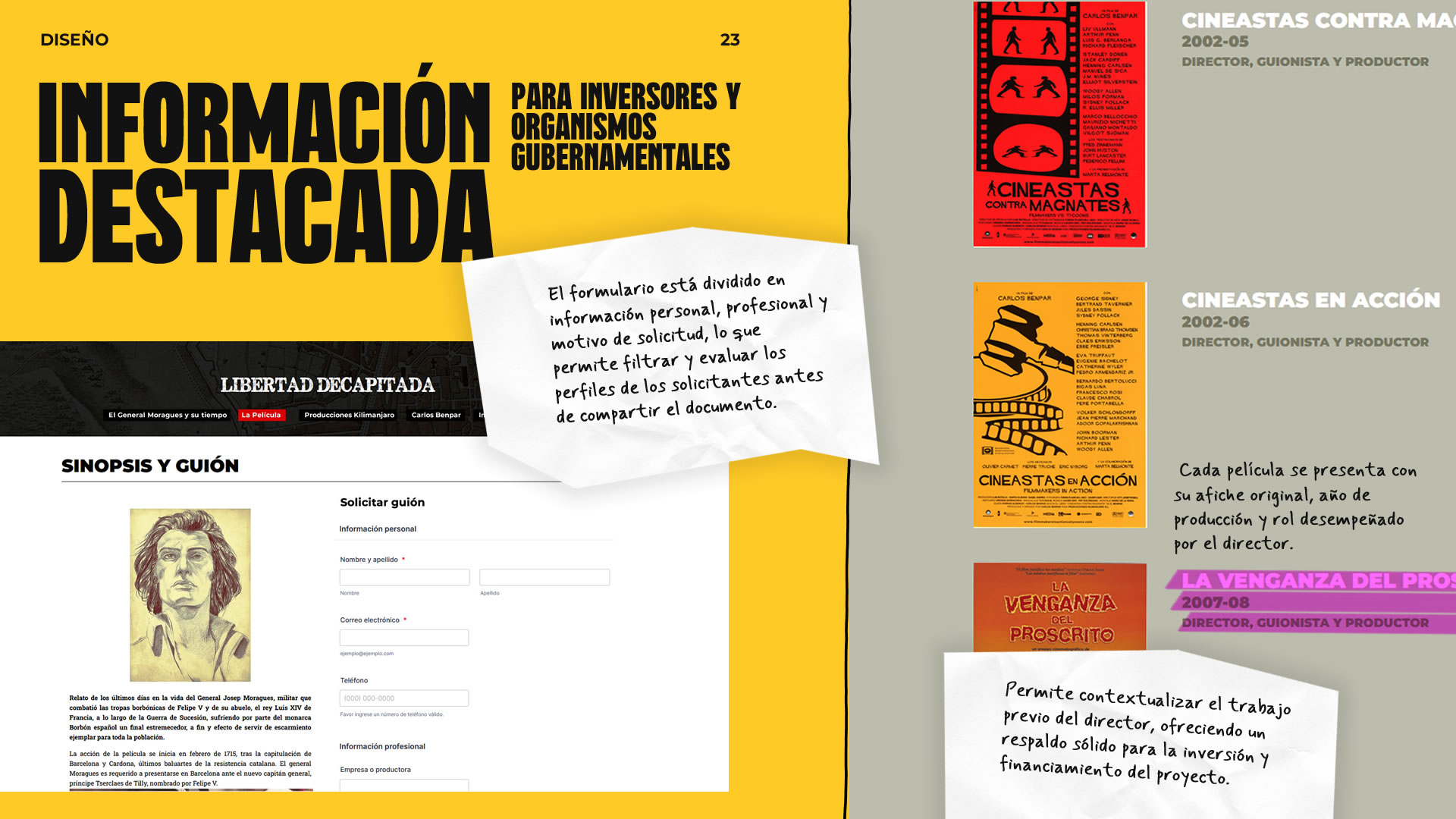 'Diseño'. Una placa que muestra algunas decisiones estratégicas de diseño, como la solución para solicitudes de guión y la información contextual de todas las películas.