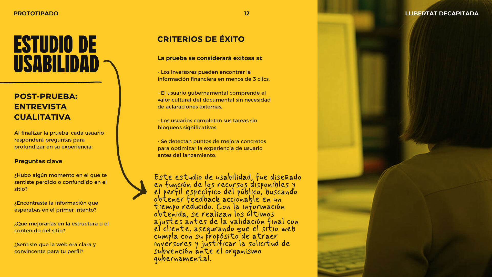 Infografía sobre el estudio de usabilidad. En este último cuadro, se muestran datos sobre las entrevistas cualitativas post-prueba y los criterios de éxito del estudio.