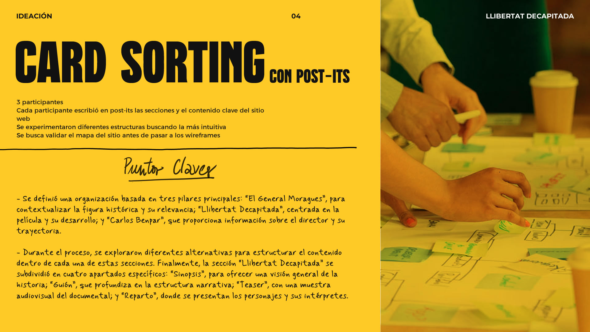 Infografía —con fondo amarillo— sobre el proceso de ideación 'Card Sorting' con post-its. Se detalla cantidad de participantes, proceso de trabajo y puntos claves encontrados.