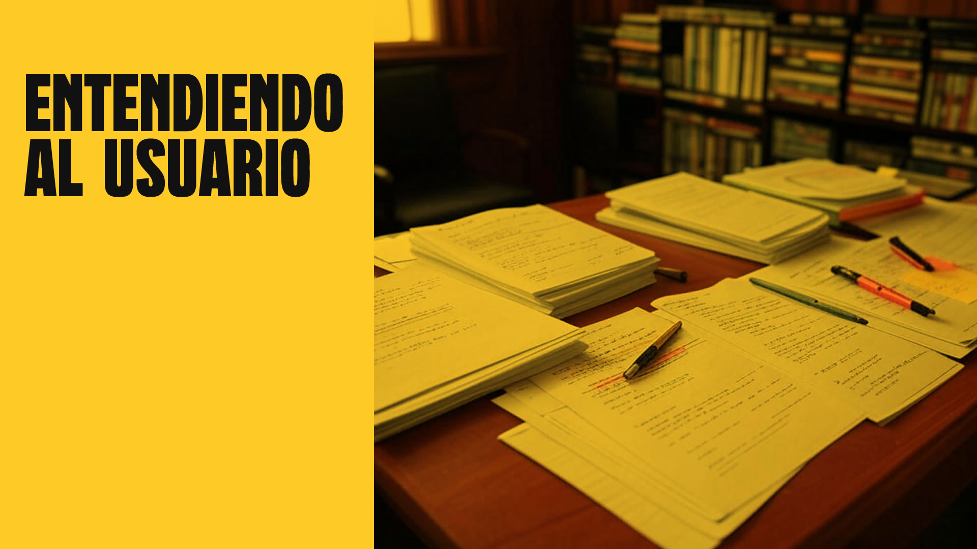 Portada que introduce a la sección 'User Research'. Junto a una fotografía de un escritorio lleno de papeles, hay unas letras negras sobre fondo amarillo que dice: 'Entendiendo al Usuario'.