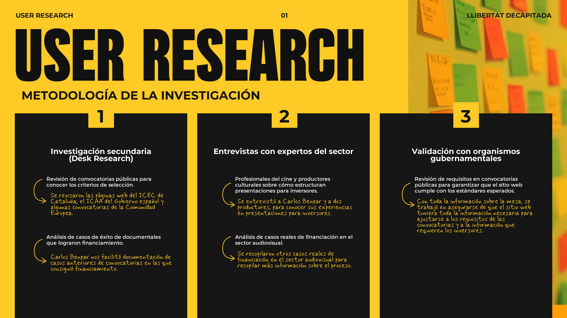 Infografía —en fondo amarillo— con información complementaria sobre la Investigación de usuario: Metodología de la investigación: Investigación secundaria, entrevistas con expertos del sector y validación de los requerimientos gubernamentales.