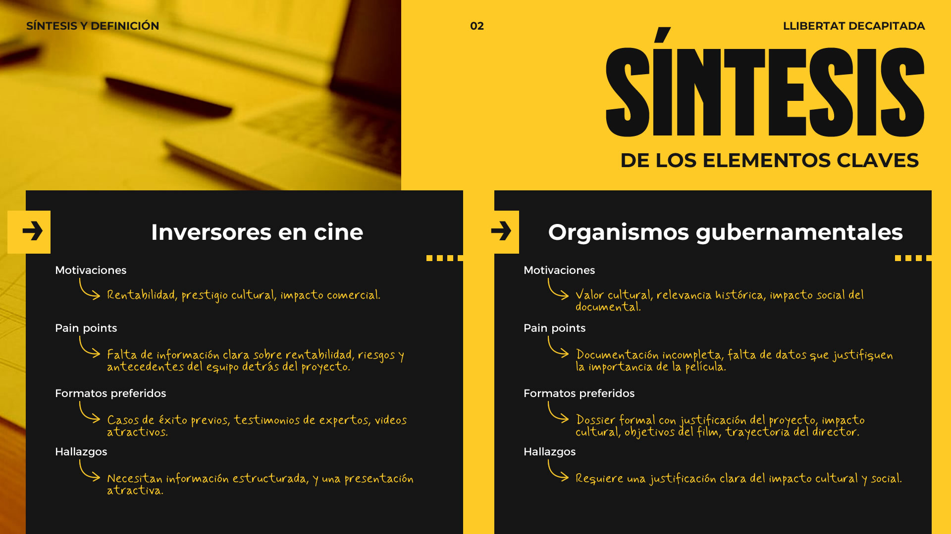 Placa con la síntesis de lo recogido, tanto en inversores, como en organismos gubernamentales. Se muestran motivaciones, pain points, formatos preferidos y algunos hallazgos. —En fondo amarillo—