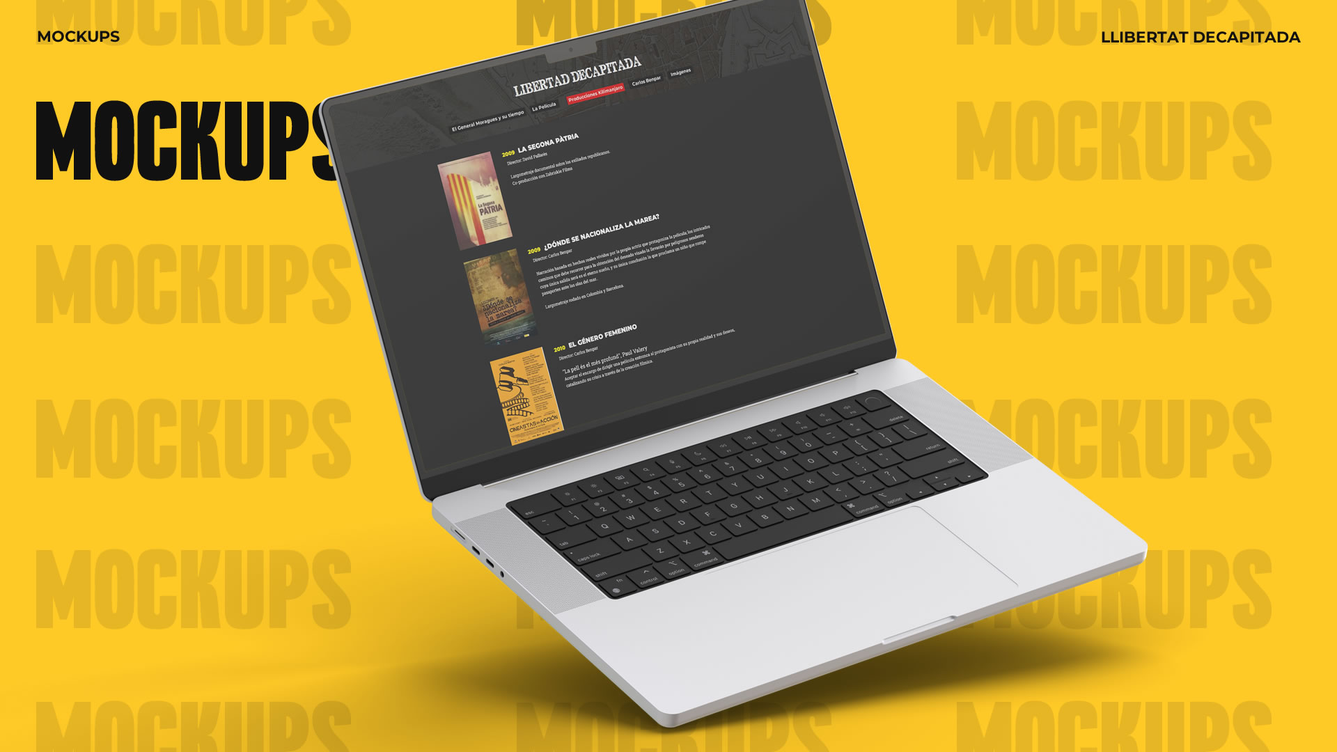 Mockups. Se puede observar un portatil abierto apoyado por uno de sus cuatro extremos en la base de la imagen. Se observa una pantalla informativa que contiene la lista de films del director.