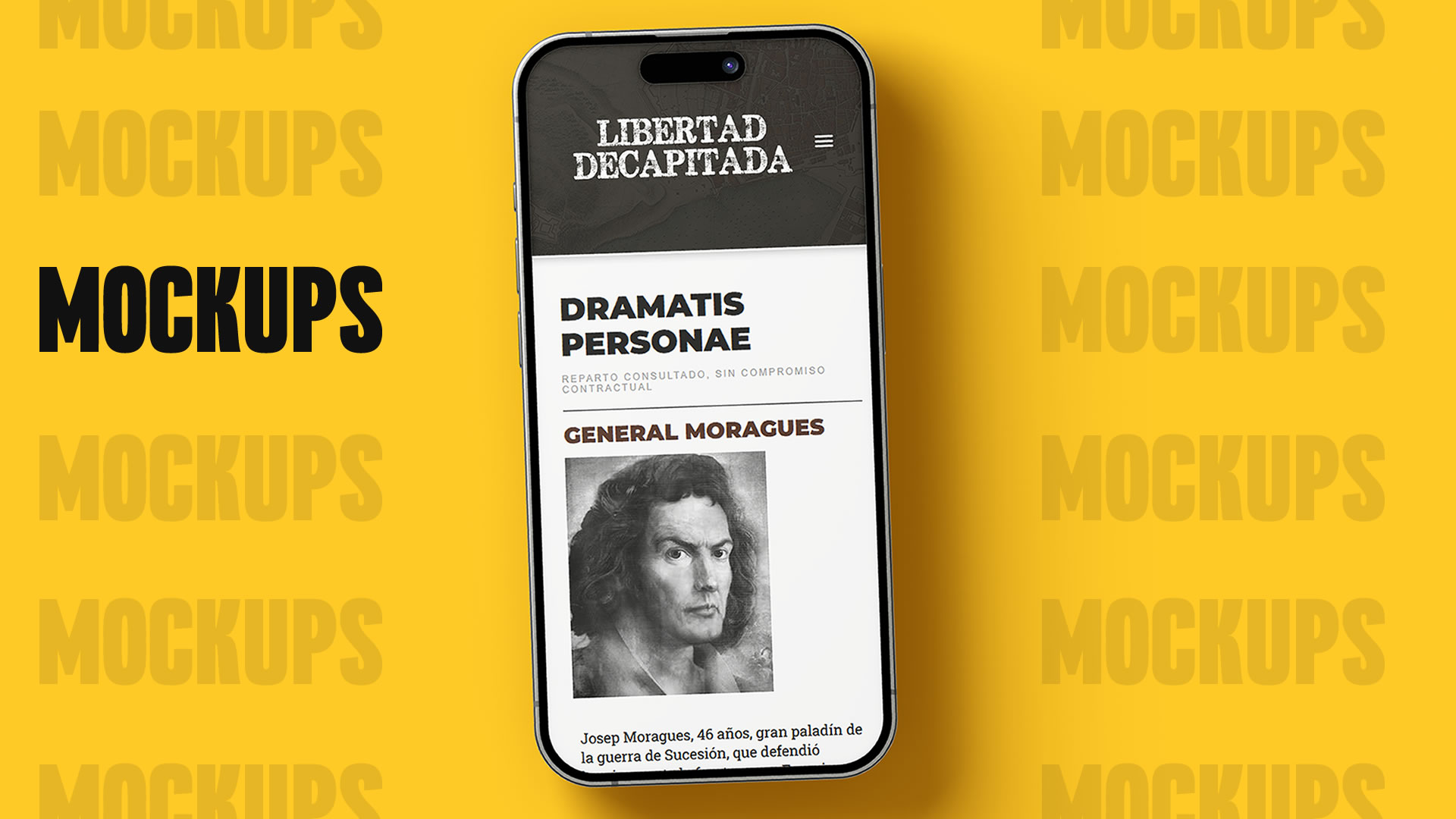 Mockups. Se trata de la imagen de un teléfono móvil, en cuya interfaz se puede ver la página 'Dramatis Personae' totalmente adaptada a la dimensión del teléfono.