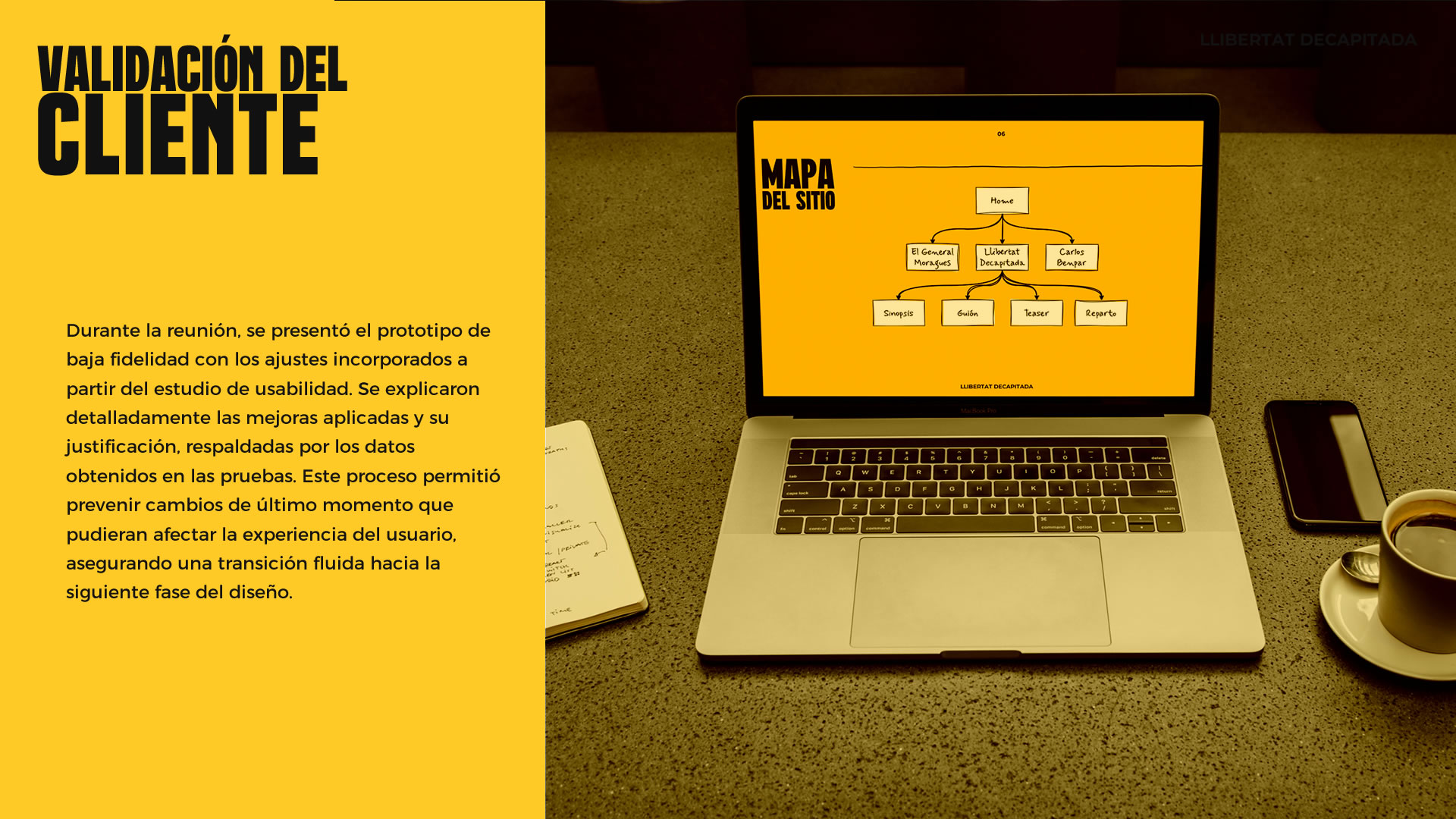 En esta placa se muestran los 'Reajustes de la estructura' que se realizaron tras finalizar las pruebas de usabilidad. Se puede ver el Mapa del Sitio, con flechas que salen hacia diferentes notas.