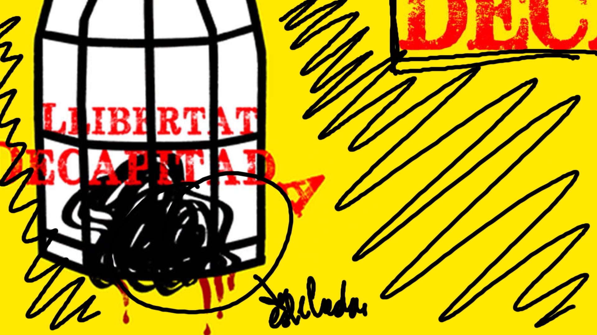 Portada del caso Llibertat Decapitda sobre un fondo amarillo, mostrando una ilustración de una jaula y el título en letras rojas